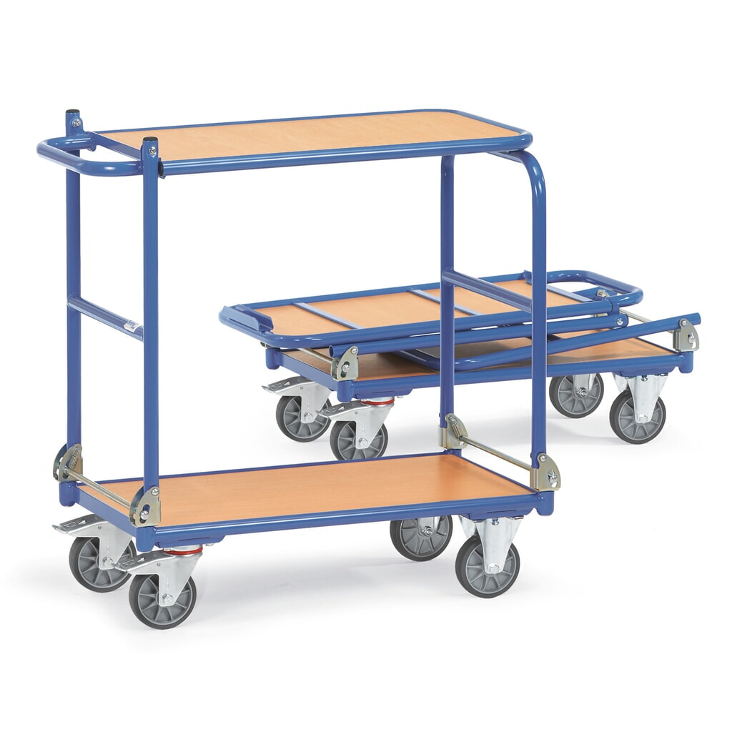 Skládací pojízdný stolek fetra® s ocelovým rámem, 2 patra à 720 x 450 mm Obrázek produktu: Skládací pojízdný stolek fetra® s ocelovým rámem, 2 patra à 720 x 450 mm