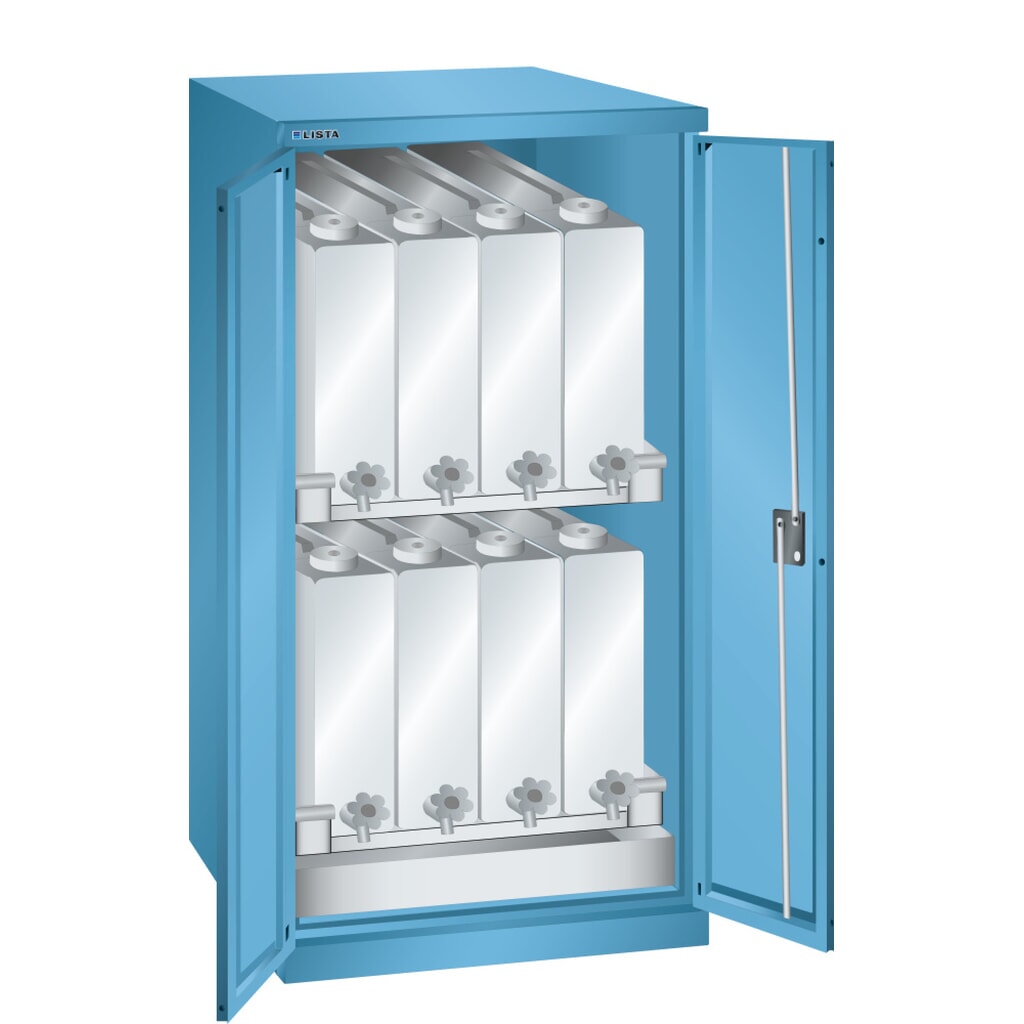 Obrázek produktu: Skříň na chemikálie LISTA, VxŠxH 1450 x 717 x 753 mm, 2 police na plechovky, Světle modrá