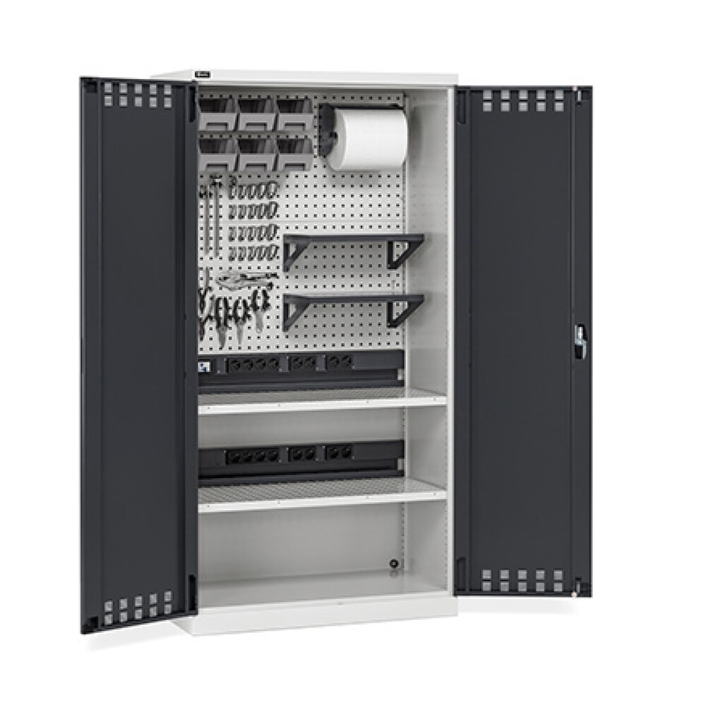 Skříň pro nabíjení akumulátorů Fami PERFOM s děrovanou deskou a příslušenstvím, VxŠxH 2000 x 1023 x 726 mm, antracit Obrázek produktu: Skříň pro nabíjení akumulátorů Fami PERFOM s děrovanou deskou a příslušenstvím, VxŠxH 2000 x 1023 x 726 mm, antracit