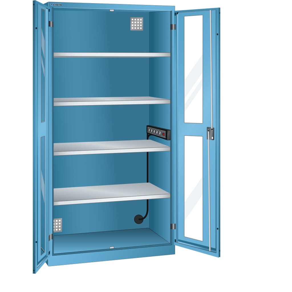 Skříň pro nabíjení akumulátorů LISTA, (ŠxHxV) 1000x580x1950 mm, 1 energetická lišta na boční stěně, průzor, světle modrá Obrázek produktu: Skříň pro nabíjení akumulátorů LISTA, (ŠxHxV) 1000x580x1950 mm, 1 energetická lišta na boční stěně, průzor, světle modrá