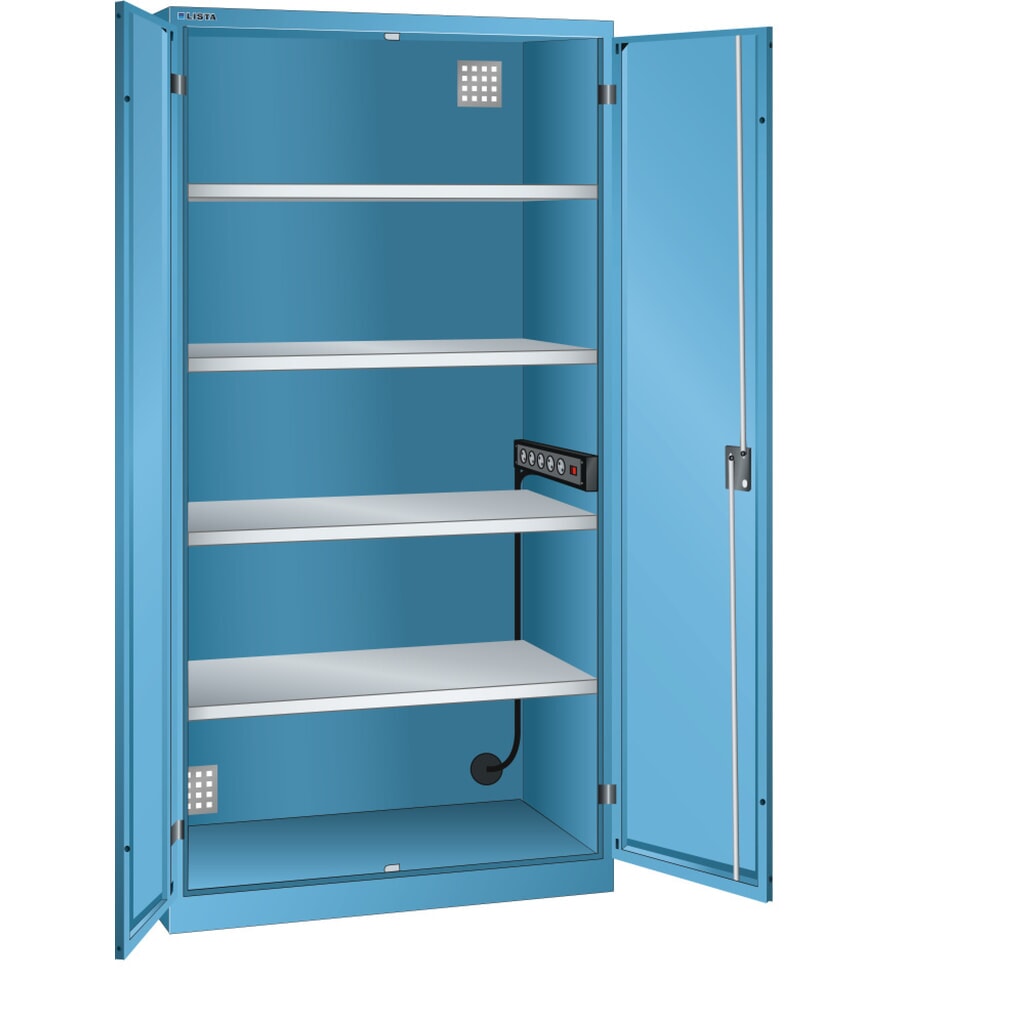 Skříň pro nabíjení akumulátorů LISTA, (ŠxHxV) 1000x580x1950 mm, 1 energetická lišta na boční stěně, světle modrá Obrázek produktu: Skříň pro nabíjení akumulátorů LISTA, (ŠxHxV) 1000x580x1950 mm, 1 energetická lišta na boční stěně, světle modrá
