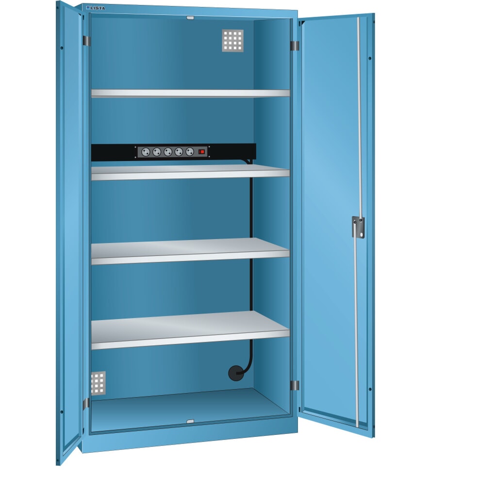 Skříň pro nabíjení akumulátorů LISTA, (ŠxHxV) 1000x580x1950 mm, 1 energetická lišta na zadní stěně, světle modrá Obrázek produktu: Skříň pro nabíjení akumulátorů LISTA, (ŠxHxV) 1000x580x1950 mm, 1 energetická lišta na zadní stěně, světle modrá