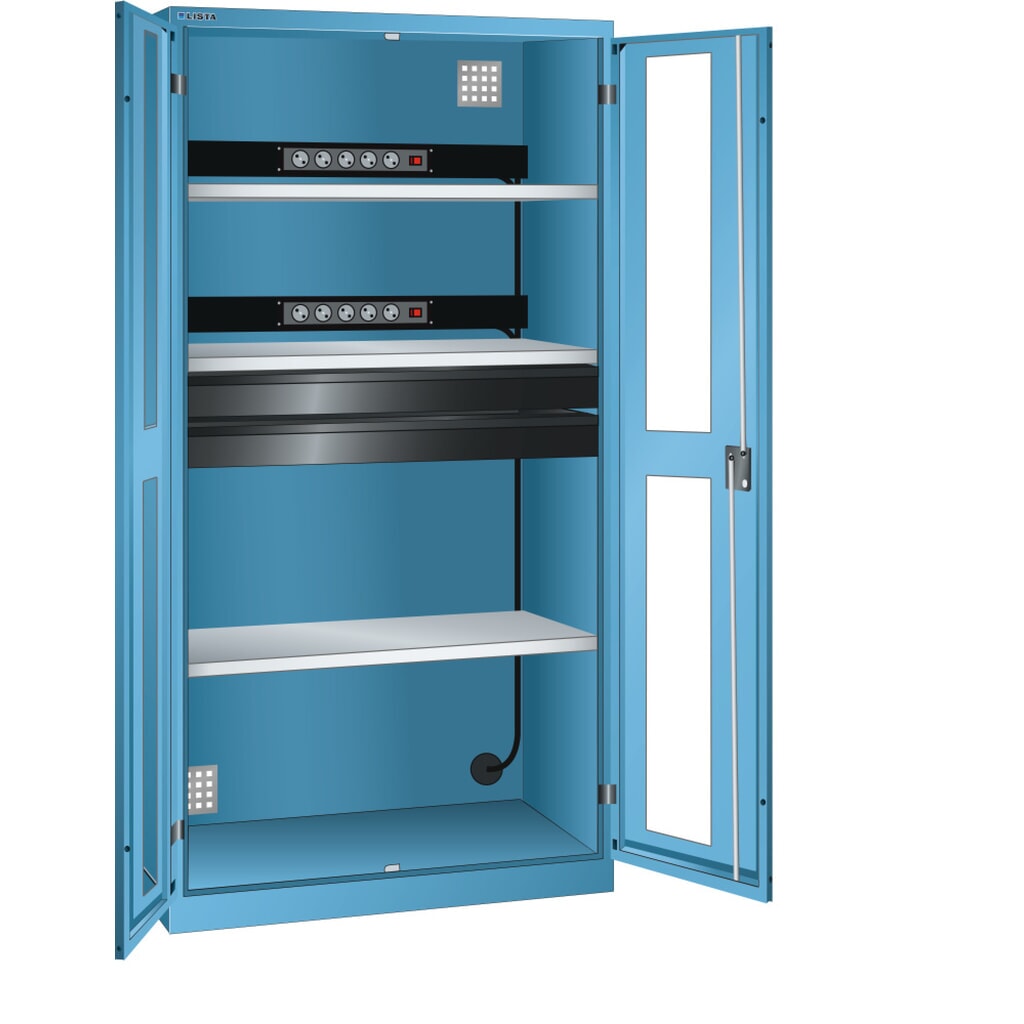 Skříň pro nabíjení akumulátorů LISTA, (ŠxHxV) 1000x580x1950 mm, 2 energetické lišty, 2 zásuvky, světle modrá Obrázek produktu: Skříň pro nabíjení akumulátorů LISTA, (ŠxHxV) 1000x580x1950 mm, 2 energetické lišty, 2 zásuvky, světle modrá