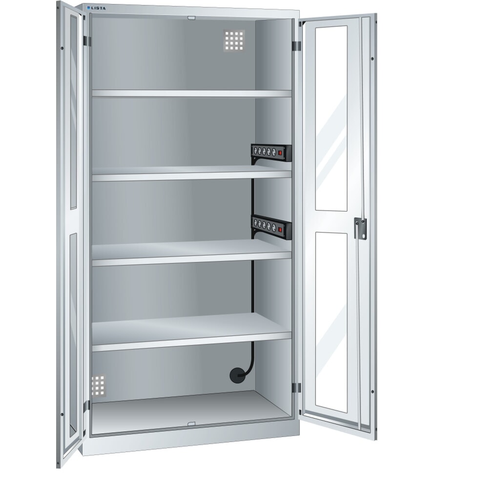 Skříň pro nabíjení akumulátorů LISTA, (ŠxHxV) 1000x580x1950 mm, 2 energetické lišty na boční stěně, průzor, světle šedá