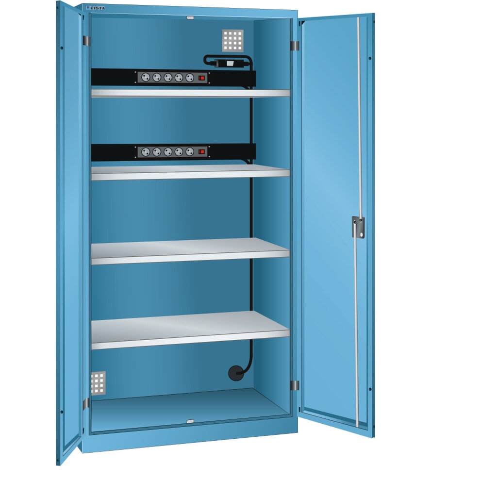 Skříň pro nabíjení akumulátorů LISTA, (ŠxHxV) 1000x580x1950 mm, 2 energetické lišty na zadní stěně, FI/LS, světle modrá Obrázek produktu: Skříň pro nabíjení akumulátorů LISTA, (ŠxHxV) 1000x580x1950 mm, 2 energetické lišty na zadní stěně, FI/LS, světle modrá