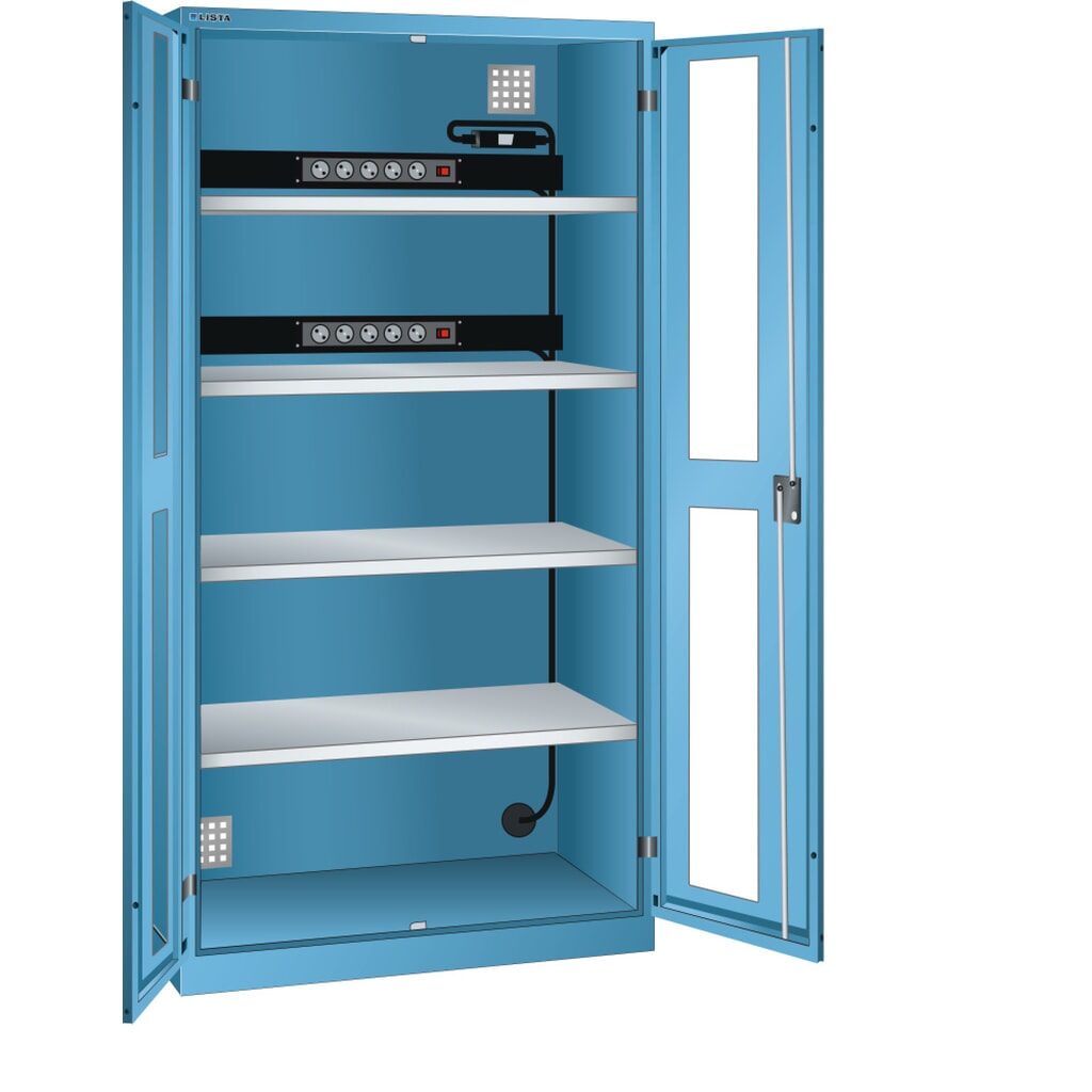 Skříň pro nabíjení akumulátorů LISTA, (ŠxHxV) 1000x580x1950 mm, 2 energetické lišty na zadní stěně, FI/LS, světle modrá Obrázek produktu: Skříň pro nabíjení akumulátorů LISTA, (ŠxHxV) 1000x580x1950 mm, 2 energetické lišty na zadní stěně, FI/LS, světle modrá