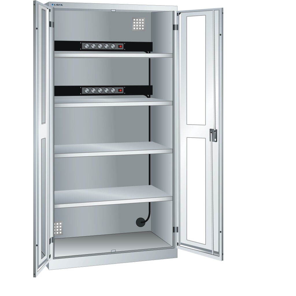 Skříň pro nabíjení akumulátorů LISTA, (ŠxHxV) 1000x580x1950 mm, 2 energetické lišty na zadní stěně, průzor, světle šedá Obrázek produktu: Skříň pro nabíjení akumulátorů LISTA, (ŠxHxV) 1000x580x1950 mm, 2 energetické lišty na zadní stěně, průzor, světle šedá