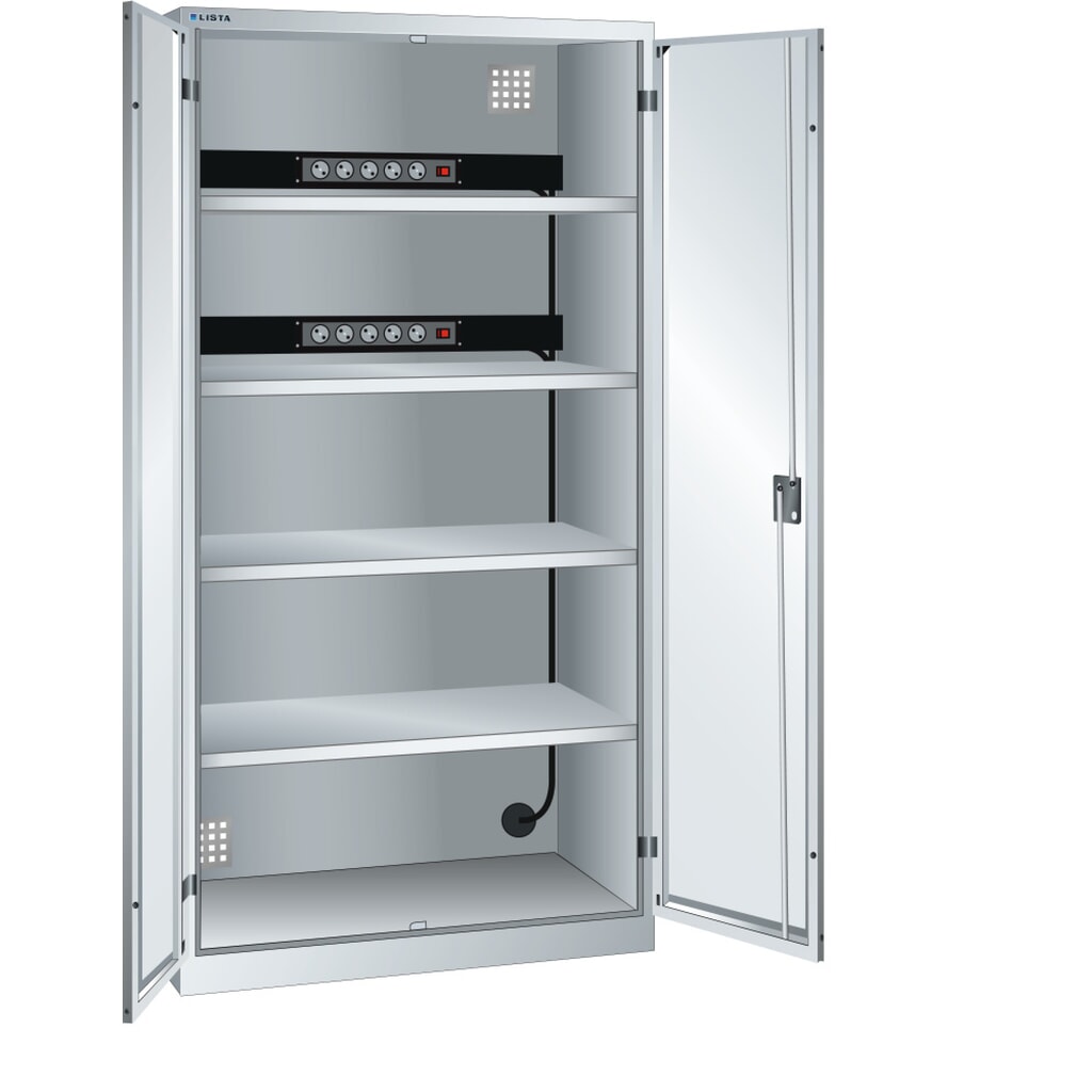 Obrázek produktu: Skříň pro nabíjení akumulátorů LISTA, (ŠxHxV) 1000x580x1950 mm, 2 energetické lišty na zadní stěně, světle šedá