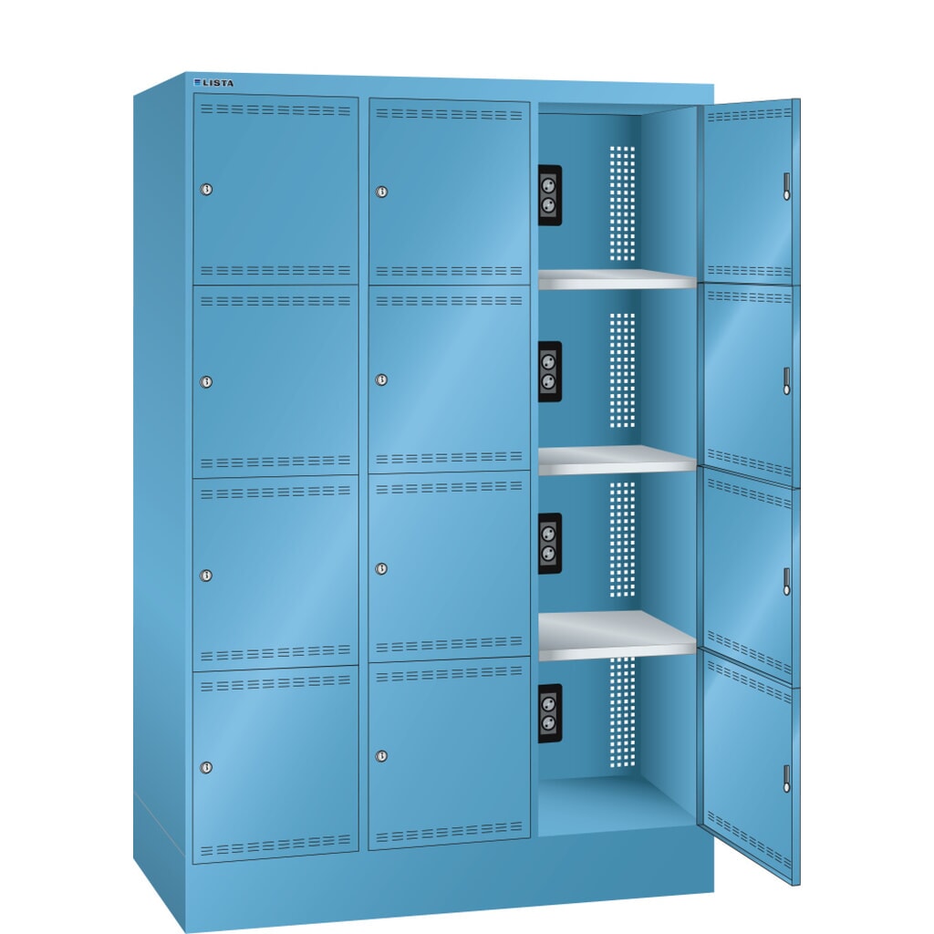 Skříň pro nabíjení akumulátorů LISTA, (ŠxHxV) 1205x585x1790 mm, 3x4 přihrádky, 2 moduly v přihrádce, světle modrá Obrázek produktu: Skříň pro nabíjení akumulátorů LISTA, (ŠxHxV) 1205x585x1790 mm, 3x4 přihrádky, 2 moduly v přihrádce, světle modrá
