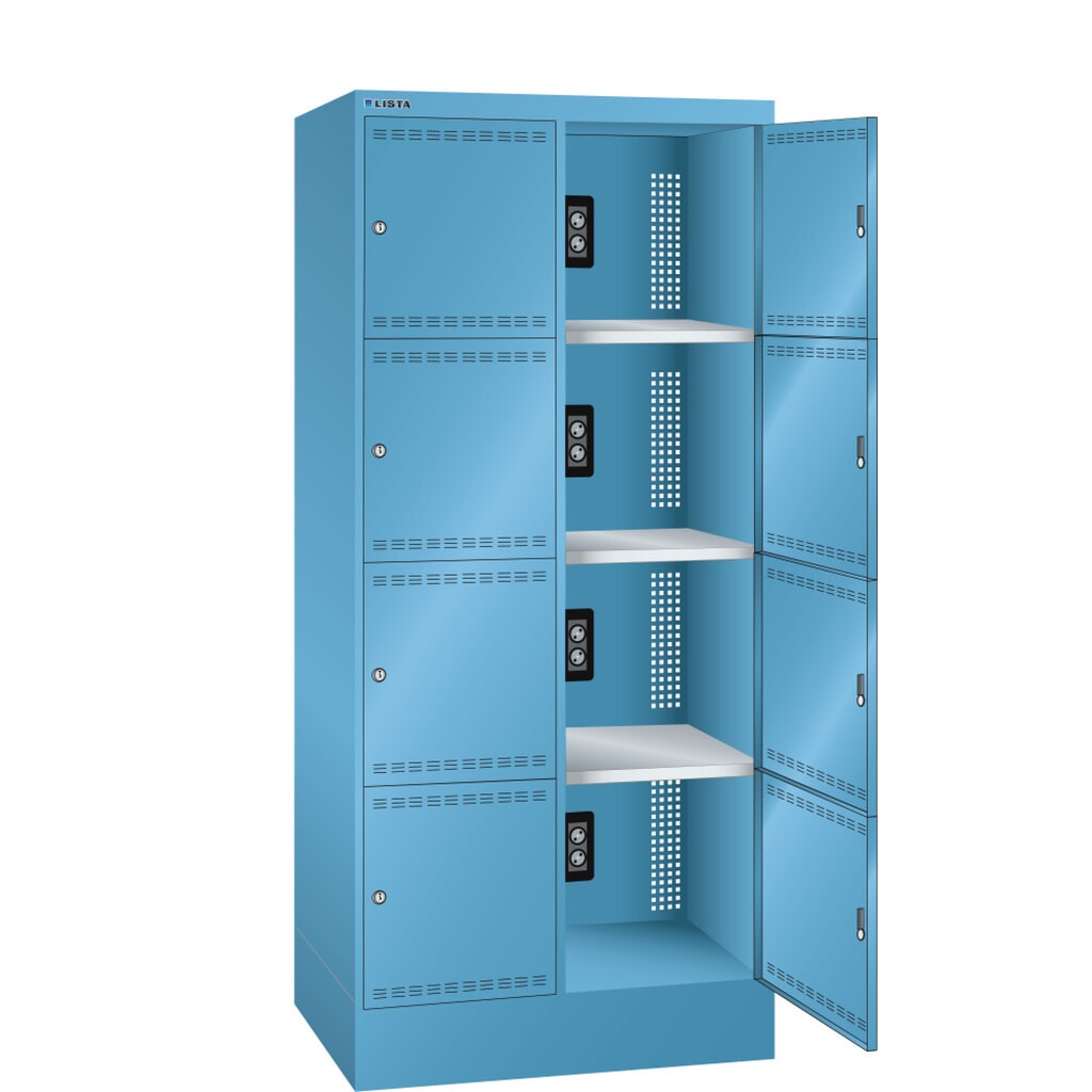Skříň pro nabíjení akumulátorů LISTA, (ŠxHxV) 810x585x1790 mm, 2x4 přihrádky, 1 modul v přihrádce, světle modrá Obrázek produktu: Skříň pro nabíjení akumulátorů LISTA, (ŠxHxV) 810x585x1790 mm, 2x4 přihrádky, 1 modul v přihrádce, světle modrá