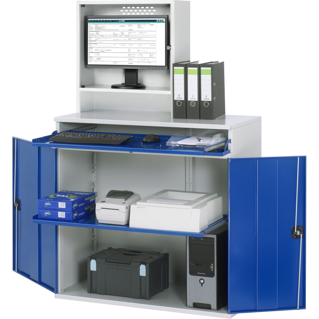 Obrázek produktu: Skříň pro počítač RAU, kryt na monitor, zásuvka na klávesnici, dvojité křídlové dveře, hloubka přihrádky pro monitor 230, 1x výsuvná police, stacionární