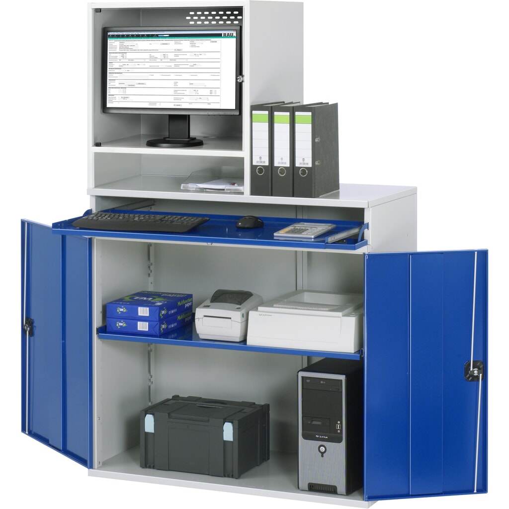 Obrázek produktu: Skříň pro počítač RAU, kryt na monitor, zásuvka na klávesnici, dvojité křídlové dveře, hloubka přihrádky pro monitor 500, 1x výsuvná police, stacionární
