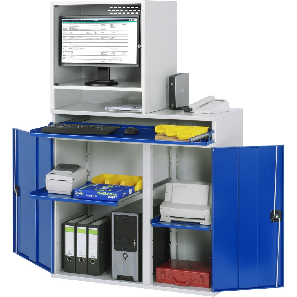 Skříň pro počítač RAU, kryt na monitor, zásuvka na klávesnici, dvojité křídlové dveře, hloubka přihrádky pro monitor 500, 2x výsuvná police, stacionární Obrázek produktu: Skříň pro počítač RAU, kryt na monitor, zásuvka na klávesnici, dvojité křídlové dveře, hloubka přihrádky pro monitor 500, 2x výsuvná police, stacionární