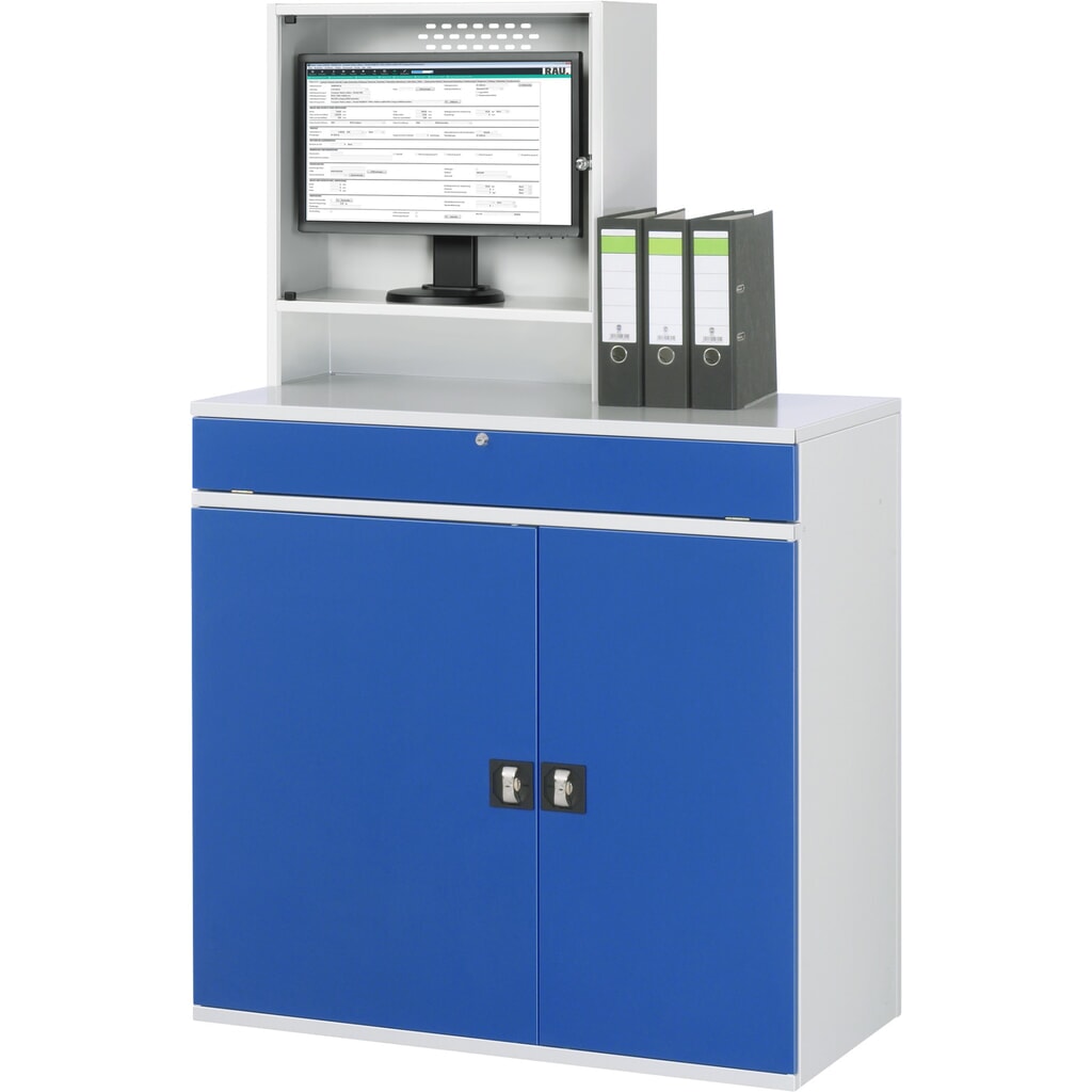 Skříň pro počítač RAU, kryt pro monitor, zásuvka na klávesnici, dvojité křídlové dveře, počet zásuvek x V x Š: 4 x 80 x 450-650 mm Číslo obrázku produktu 2: Skříň pro počítač RAU, kryt pro monitor, zásuvka na klávesnici, dvojité křídlové dveře, počet zásuvek x V x Š: 4 x 80 x 450-650 mm