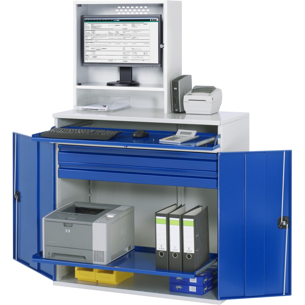 Skříň pro počítač RAU, kryt pro monitor, zásuvka na klávesnici, dvojité křídlové dveře, počet zásuvek x V x Š: 2 x 80 x 1020 mm Obrázek produktu: Skříň pro počítač RAU, kryt pro monitor, zásuvka na klávesnici, dvojité křídlové dveře, počet zásuvek x V x Š: 2 x 80 x 1020 mm