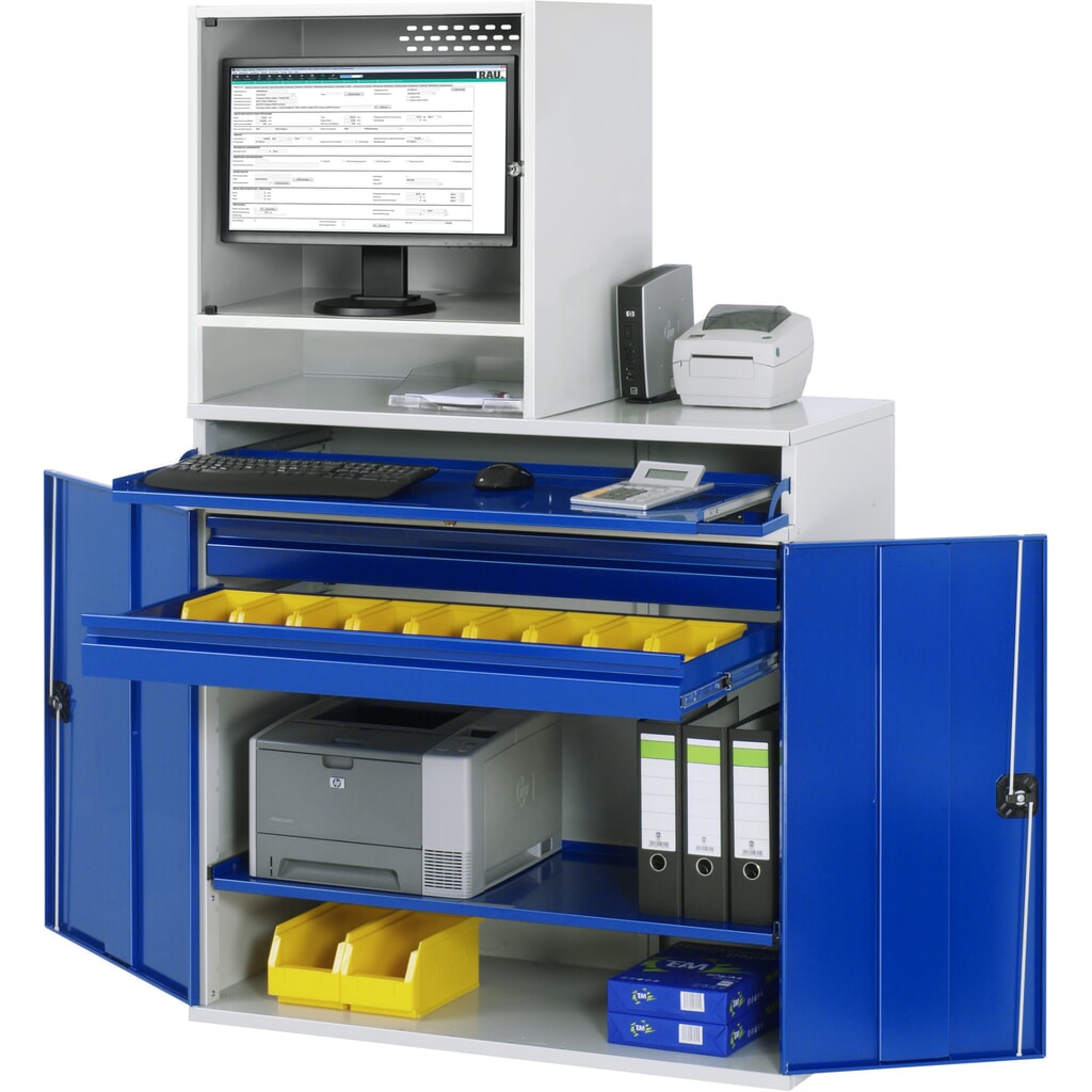 Obrázek produktu: Skříň pro počítač RAU, kryt pro monitor, zásuvka na klávesnici, dvojité křídlové dveře, počet zásuvek x V x Š: 2 x 80 x 1020 mm