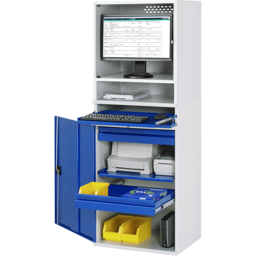 Skříň pro počítač RAU, kryt pro monitor, zásuvka na klávesnici, křídlové dveře, počet zásuvek x V x Š: 2 x 80 x 570 mm Obrázek produktu: Skříň pro počítač RAU, kryt pro monitor, zásuvka na klávesnici, křídlové dveře, počet zásuvek x V x Š: 2 x 80 x 570 mm