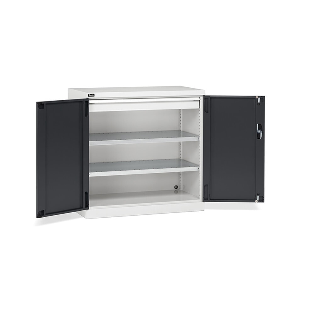 Skříň s křídlovými dveřmi Fami PERFOM, 1 zásuvka, 3 police, VxŠxH 1000 x 1023 x 555 mm, světle šedá, antracit Obrázek produktu: Skříň s křídlovými dveřmi Fami PERFOM, 1 zásuvka, 3 police, VxŠxH 1000 x 1023 x 555 mm, světle šedá, antracit