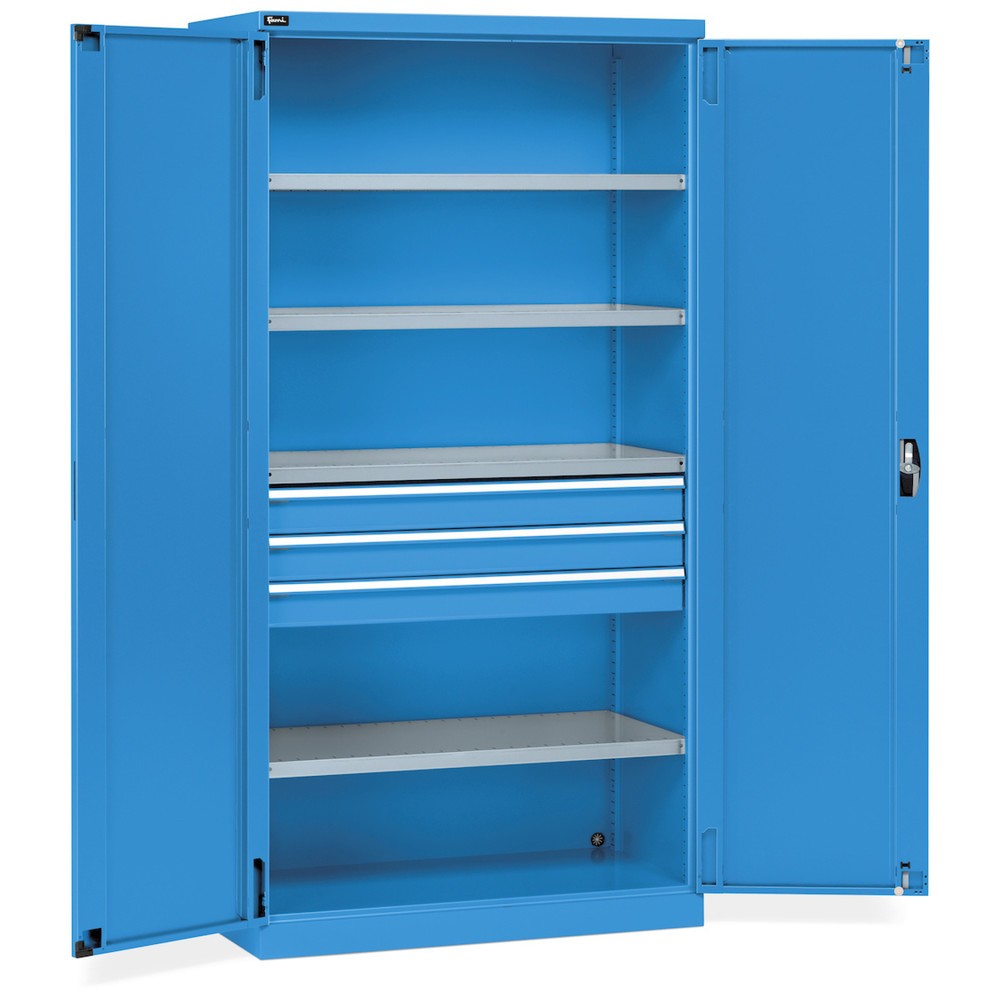 Číslo obrázku produktu 1: Skříň s křídlovými dveřmi Fami PERFOM, 3 zásuvky, 4 police, VxŠxH 2000 x 1023 x 726 mm, světle modrá