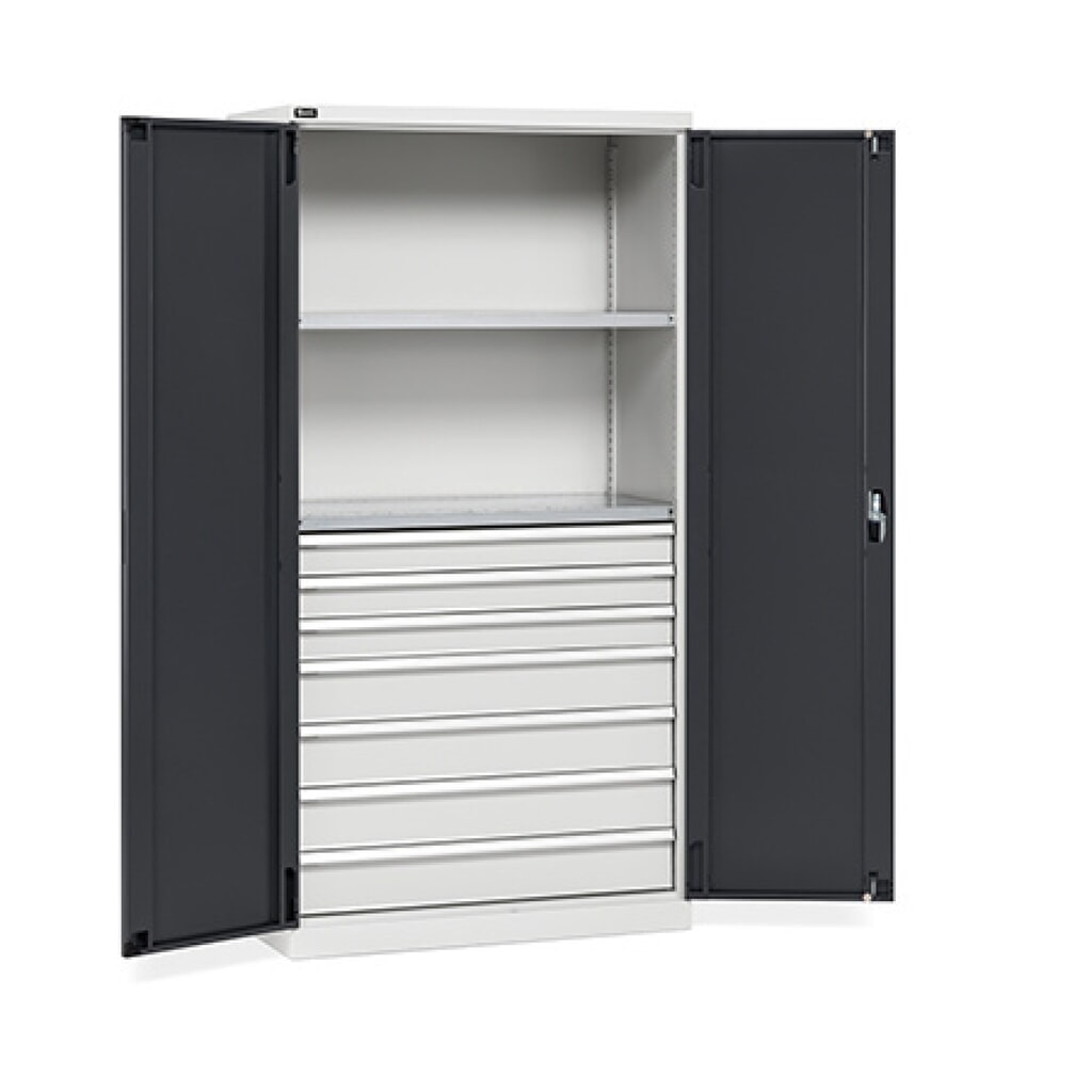 Skříň s křídlovými dveřmi Fami PERFOM, 7 zásuvky, 2 police, VxŠxH 2000 x 1023 x 726 mm, světle šedá, antracit Obrázek produktu: Skříň s křídlovými dveřmi Fami PERFOM, 7 zásuvky, 2 police, VxŠxH 2000 x 1023 x 726 mm, světle šedá, antracit