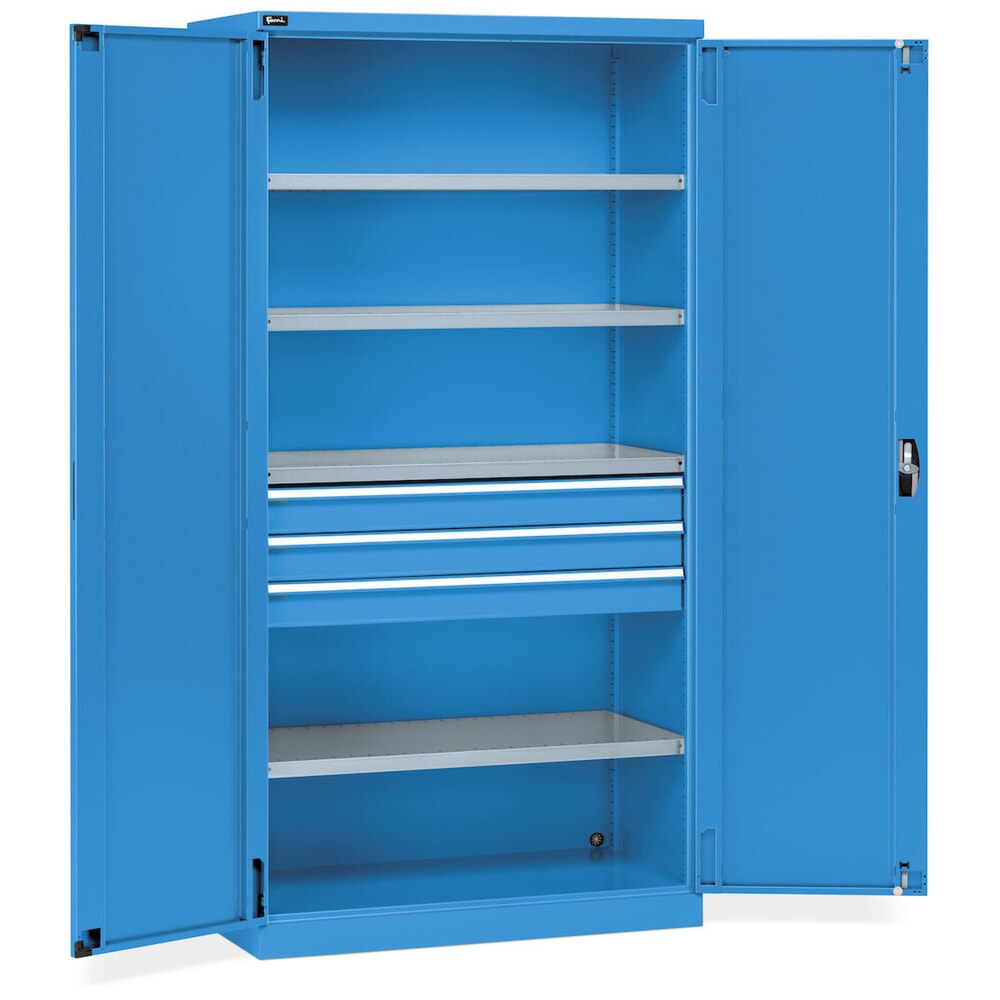 Číslo obrázku produktu 3: Skříň s křídlovými dveřmi Fami PERFOM, 3 zásuvky, 4 police, VxŠxH 2000 x 1023 x 726 mm, světle modrá