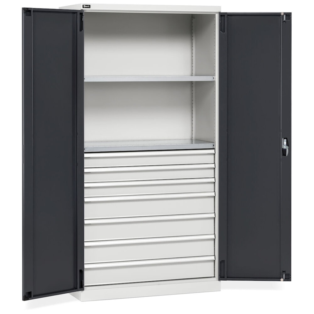 Číslo obrázku produktu 3: Skříň s křídlovými dveřmi Fami PERFOM, 7 zásuvky, 2 police, VxŠxH 2000 x 1023 x 726 mm, světle šedá, antracit