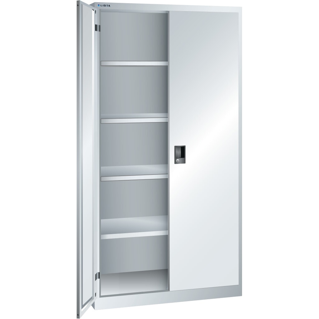 Skříň s křídlovými dveřmi LISTA, (ŠxHxV) 1000x500x1950 mm, 4 nastavitelné police, světle šedá, KEY Lock Obrázek produktu: Skříň s křídlovými dveřmi LISTA, (ŠxHxV) 1000x500x1950 mm, 4 nastavitelné police, světle šedá, KEY Lock
