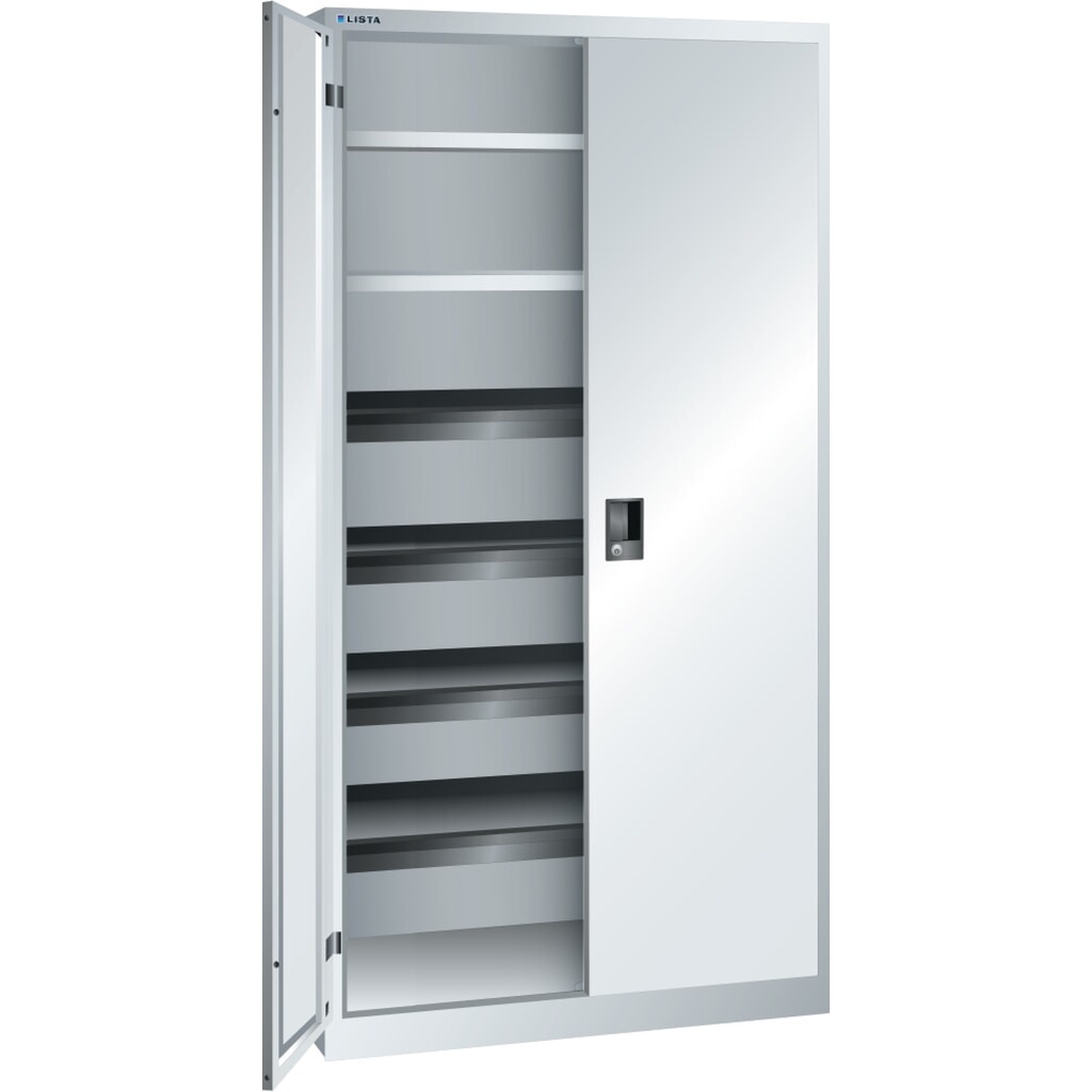 Obrázek produktu: Skříň s křídlovými dveřmi LISTA, (ŠxHxV) 1000x580x1950 mm, 4 výsuvné a 2 nastavitelné police, světle šedá, KEY Lock