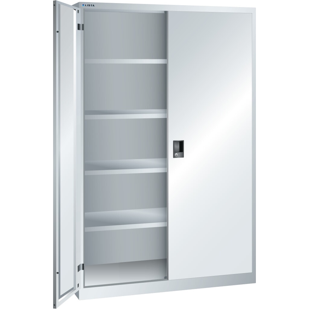 Skříň s křídlovými dveřmi LISTA, (ŠxHxV) 1250x500x1950 mm, 4 nastavitelné police, světle šedá, KEY Lock Obrázek produktu: Skříň s křídlovými dveřmi LISTA, (ŠxHxV) 1250x500x1950 mm, 4 nastavitelné police, světle šedá, KEY Lock