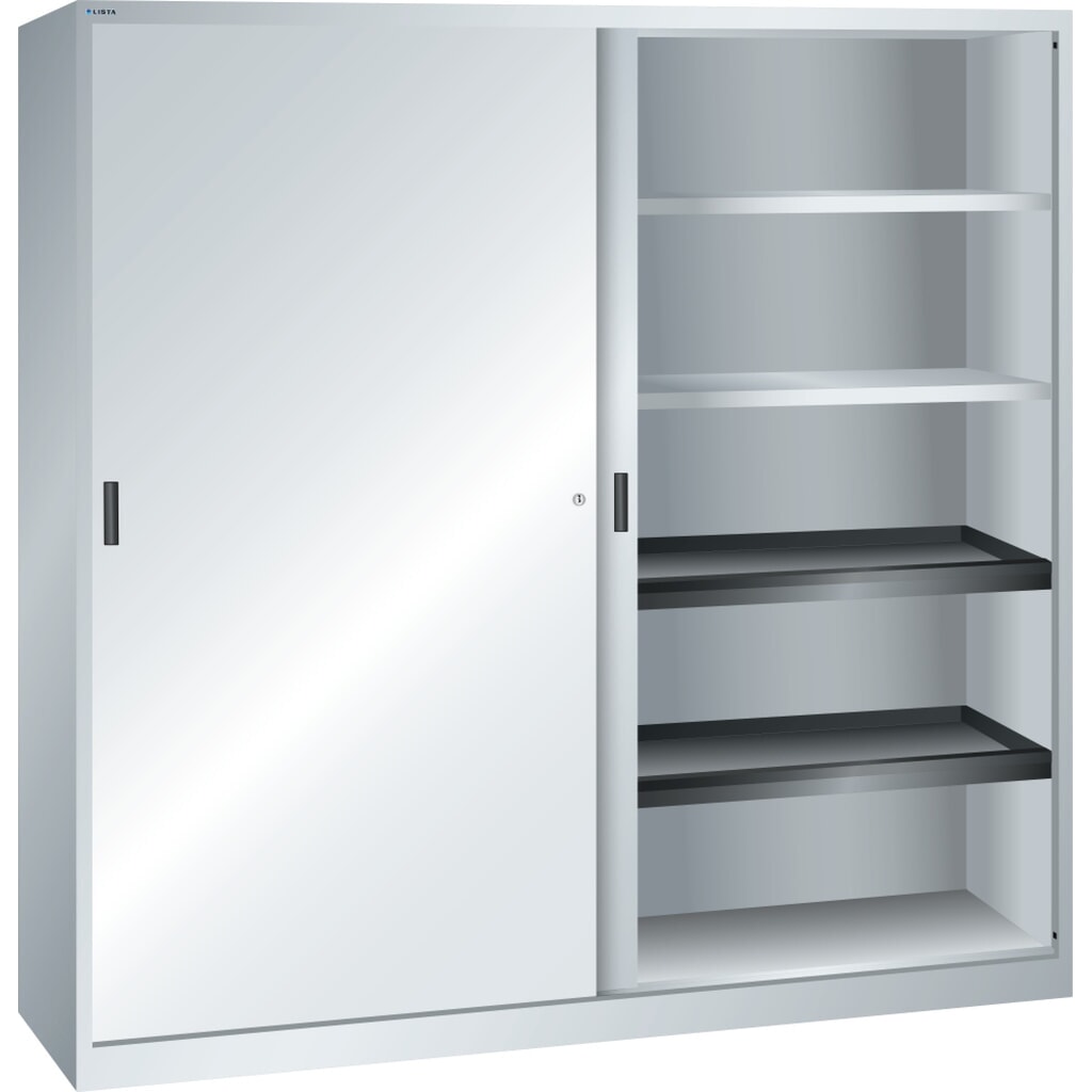 Obrázek produktu: Skříň s posuvnými dveřmi LISTA, (ŠxHxV) 2000x580x1950 mm, 4 výsuvné a 4 nastavitelné police, světle šedá