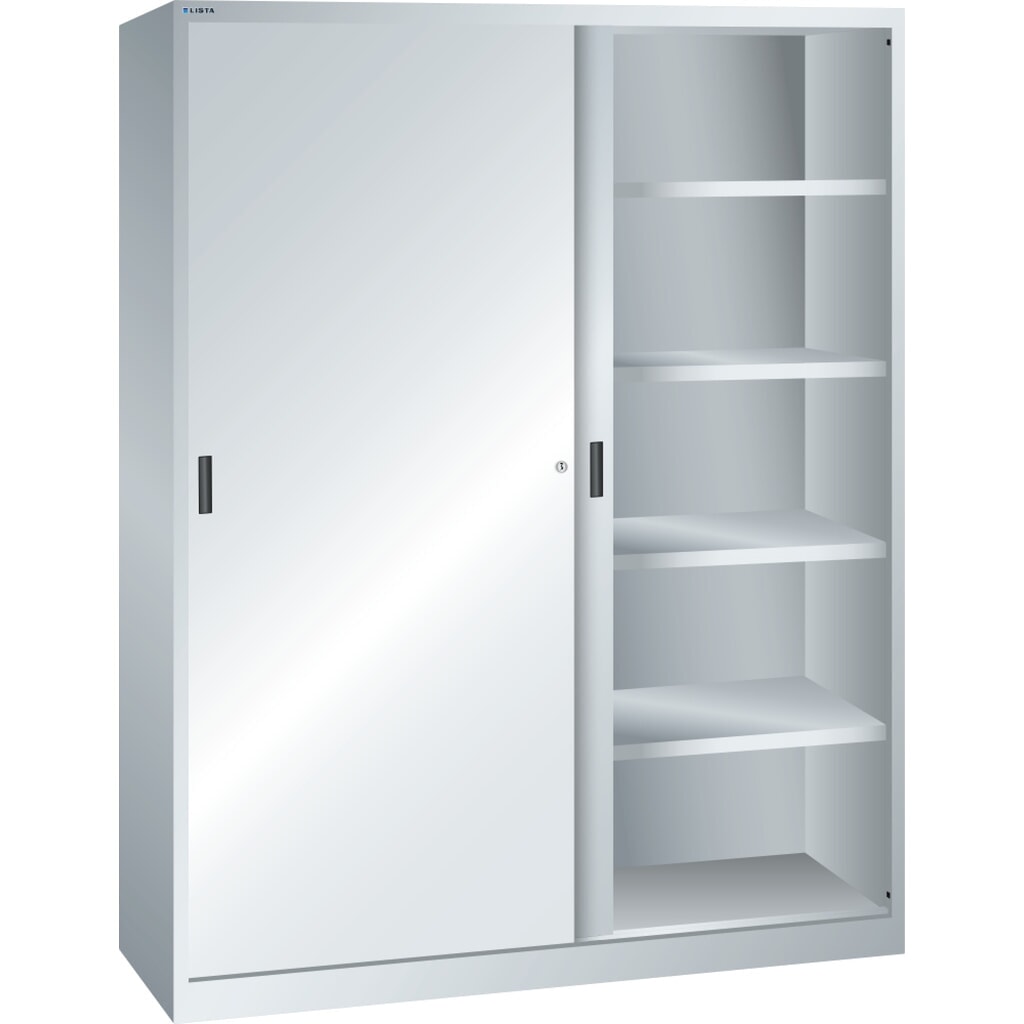 Skříň s posuvnými dveřmi LISTA, (ŠxHxV) 1500x400x1950 mm, 8 nastavitelných polic, světle šedá Obrázek produktu: Skříň s posuvnými dveřmi LISTA, (ŠxHxV) 1500x400x1950 mm, 8 nastavitelných polic, světle šedá
