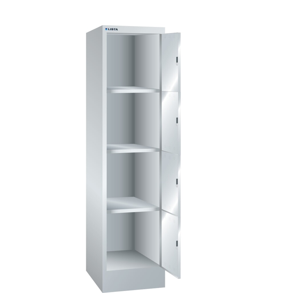 Skříň s přihrádkami LISTA, (ŠxHxV) 415x500x1795mm, 1x4 přihrádky, zavírací mechanismus Obrázek produktu: Skříň s přihrádkami LISTA, (ŠxHxV) 415x500x1795mm, 1x4 přihrádky, zavírací mechanismus