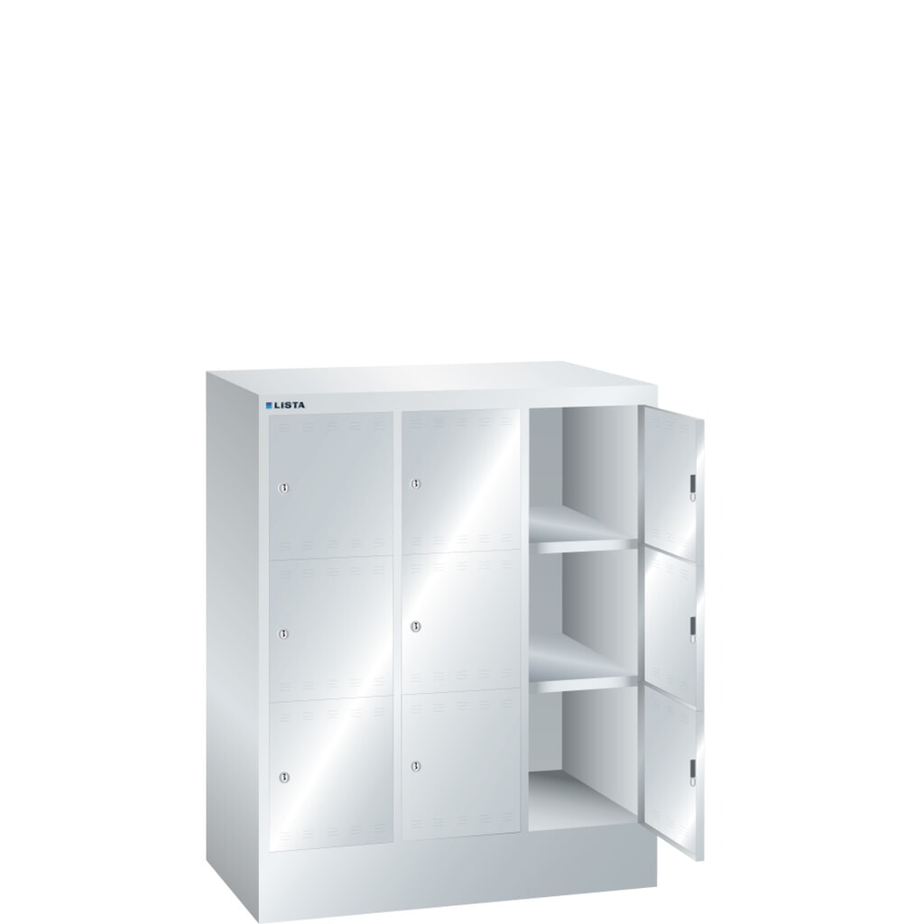 Skříň s přihrádkami LISTA, (ŠxHxV) 905x500x1095 mm, 3x3 přihrádky, cylindrický zámek Obrázek produktu: Skříň s přihrádkami LISTA, (ŠxHxV) 905x500x1095 mm, 3x3 přihrádky, cylindrický zámek