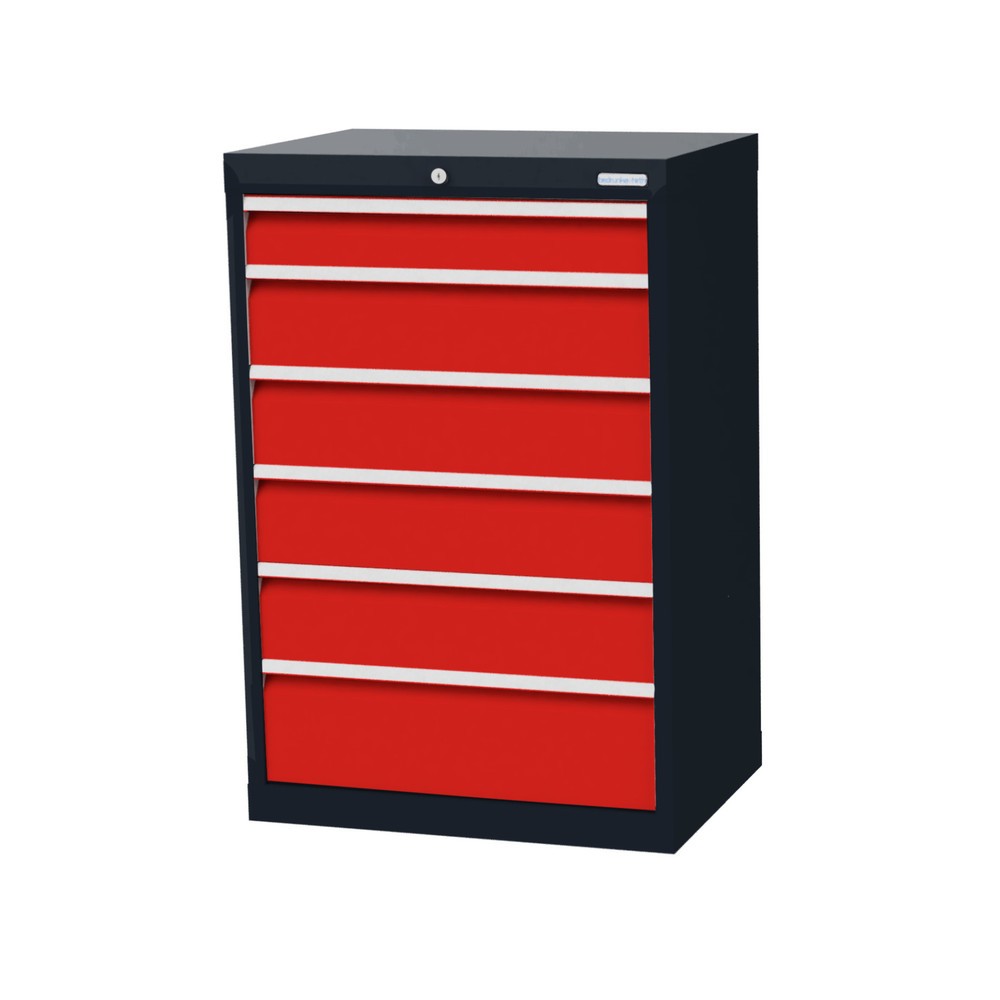 Obrázek produktu: Skříň se zásuvkami Bedrunka+Hirth Profi, zásuvky 1x100 + 4x150 + 1x200 mm, VxŠxH 1019 x 680 x 500 mm, antracitová šedá, dopravní červená