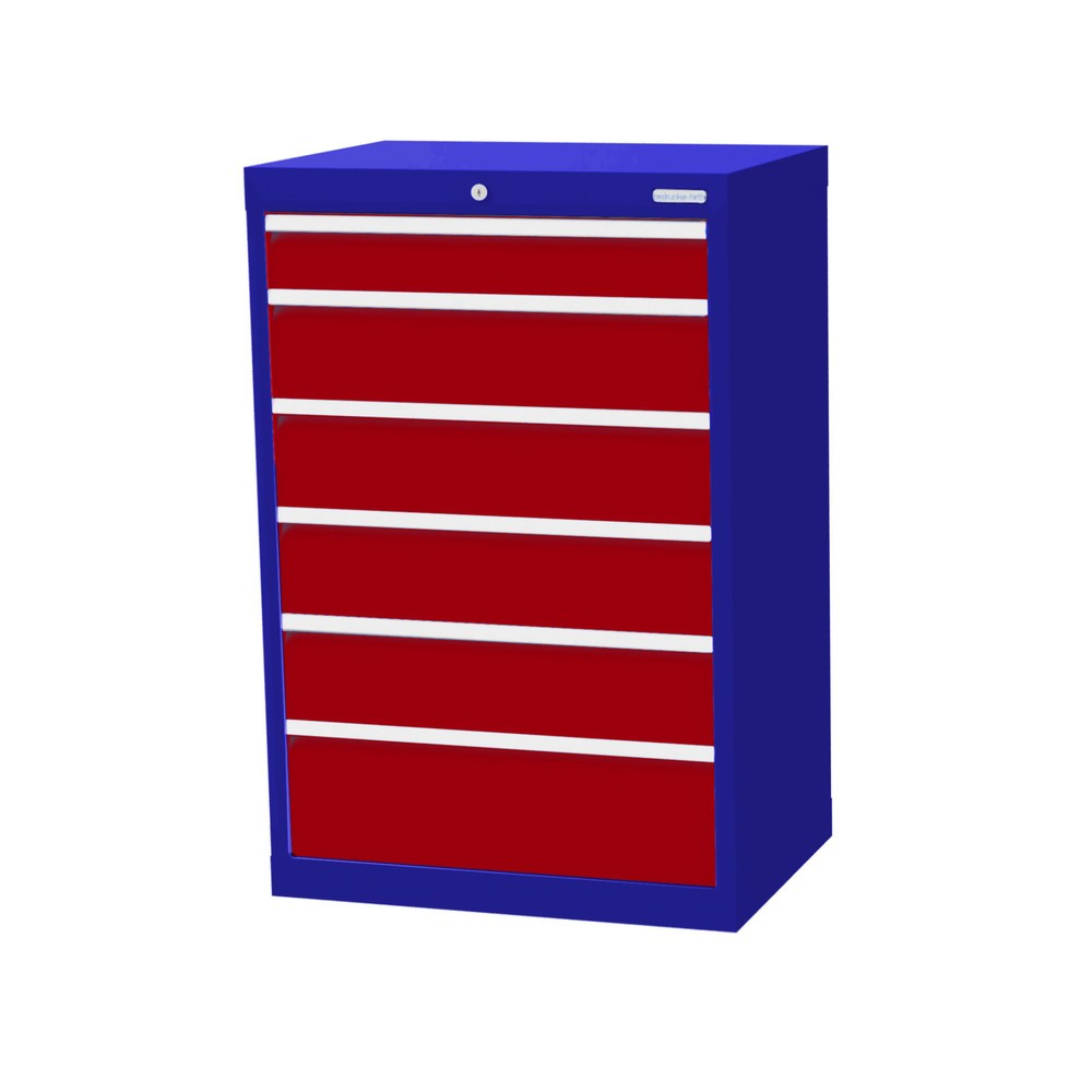 Obrázek produktu: Skříň se zásuvkami Bedrunka+Hirth Profi, zásuvky 1x100 + 4x150 + 1x200 mm, VxŠxH 1019 x 680 x 500 mm, enziánová modrá, rubínová