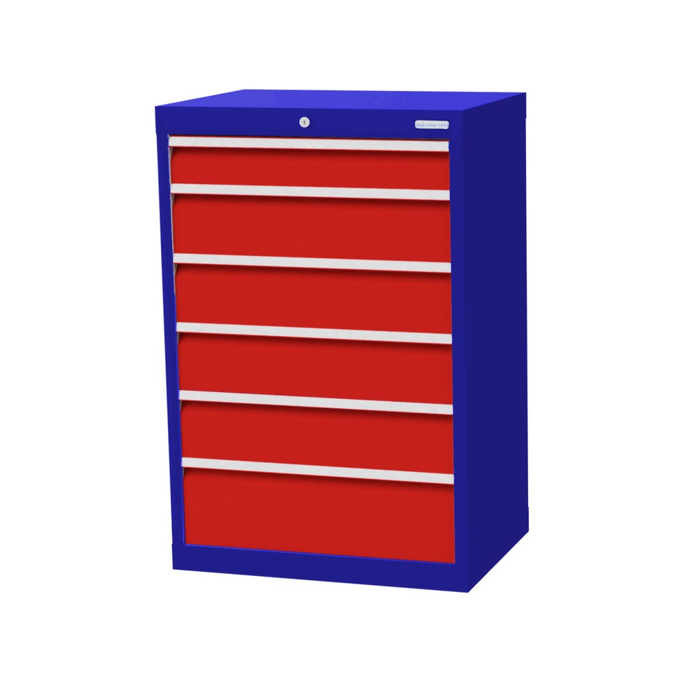 Obrázek produktu: Skříň se zásuvkami Bedrunka+Hirth Profi, zásuvky 1x100 + 4x150 + 1x200 mm, VxŠxH 1019 x 680 x 500 mm, enziánová modrá, dopravní červená