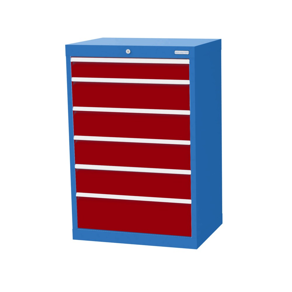 Obrázek produktu: Skříň se zásuvkami Bedrunka+Hirth Profi, zásuvky 1x100 + 4x150 + 1x200 mm, VxŠxH 1019 x 680 x 500 mm, světle modrá, rubínová