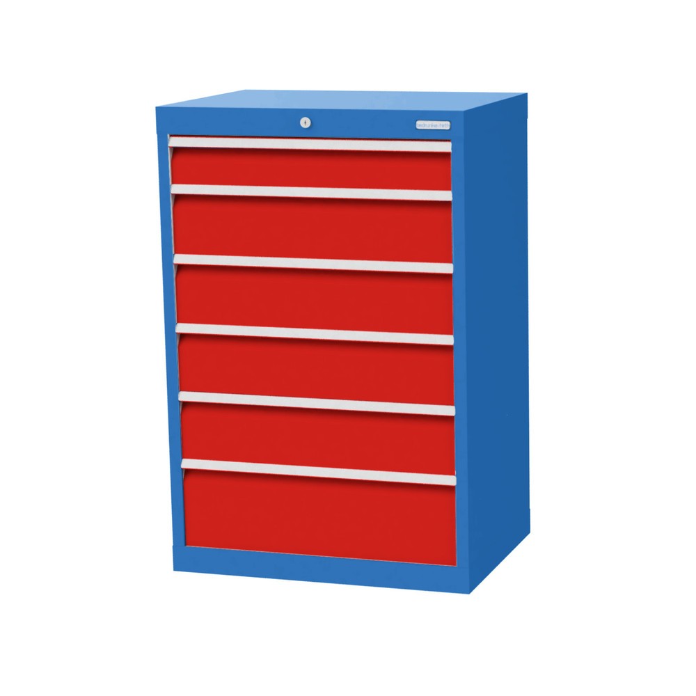 Obrázek produktu: Skříň se zásuvkami Bedrunka+Hirth Profi, zásuvky 1x100 + 4x150 + 1x200 mm, VxŠxH 1019 x 680 x 500 mm, světle modrá, dopravní červená