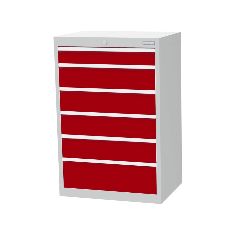 Obrázek produktu: Skříň se zásuvkami Bedrunka+Hirth Profi, zásuvky 1x100 + 4x150 + 1x200 mm, VxŠxH 1019 x 680 x 500 mm, světle šedá, rubínová