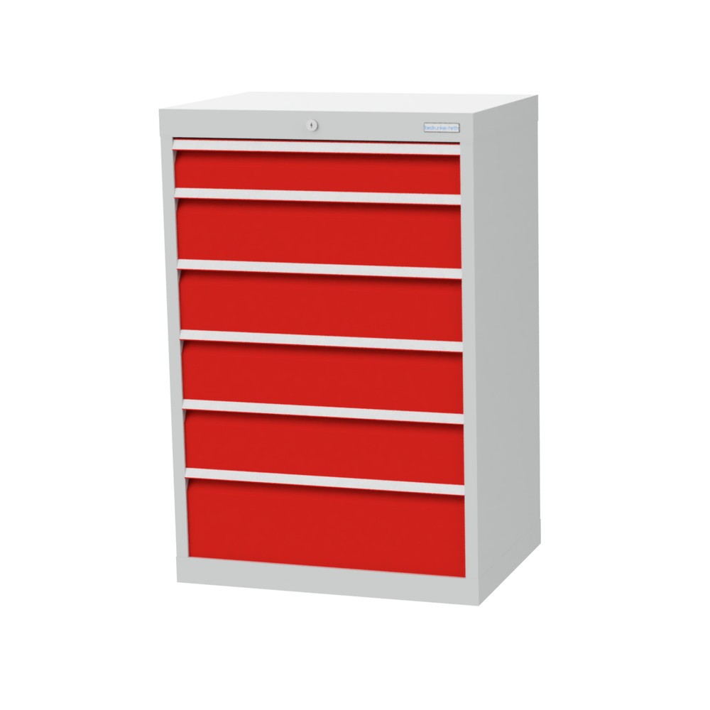 Obrázek produktu: Skříň se zásuvkami Bedrunka+Hirth Profi, zásuvky 1x100 + 4x150 + 1x200 mm, VxŠxH 1019 x 680 x 500 mm, světle šedá, dopravní červená