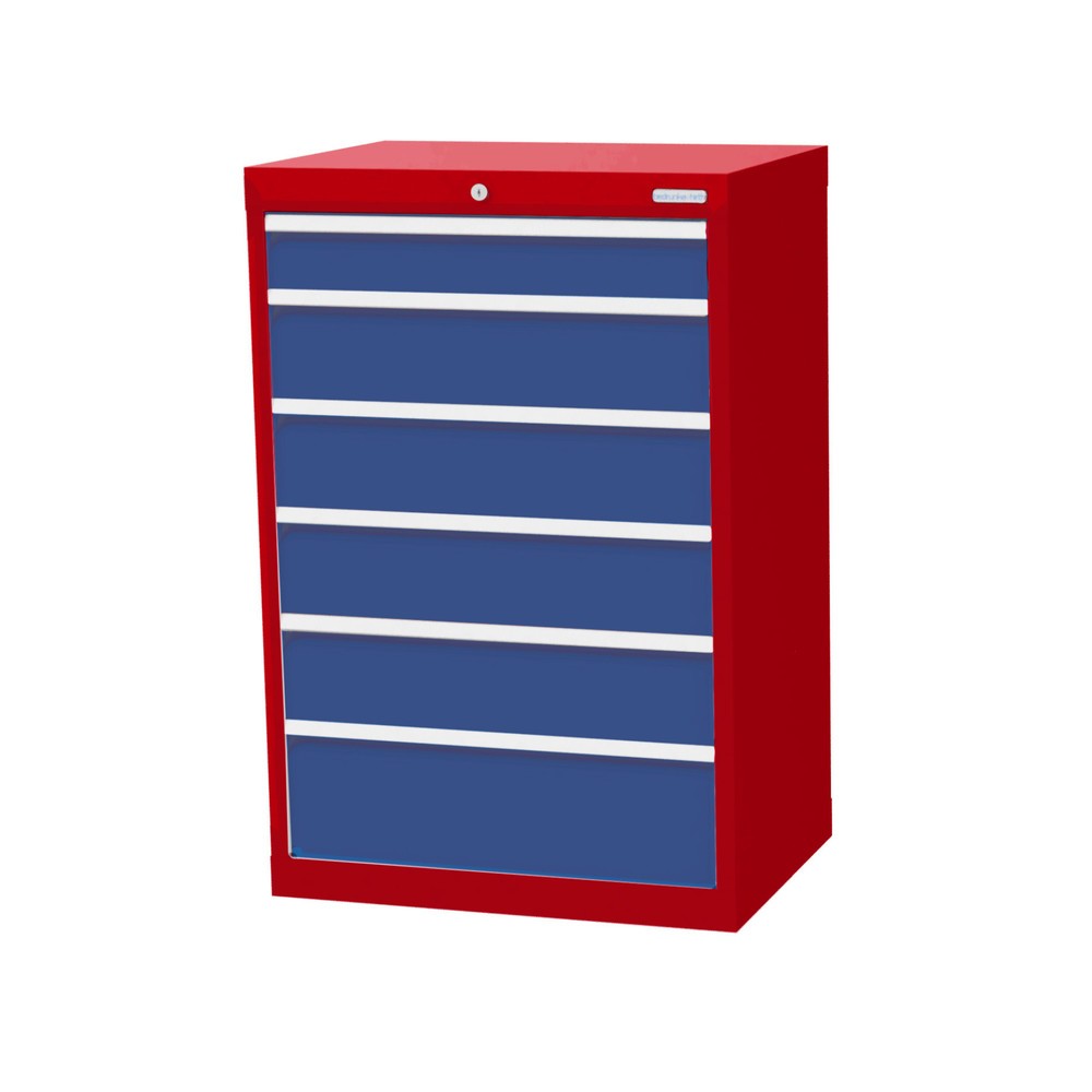 Obrázek produktu: Skříň se zásuvkami Bedrunka+Hirth Profi, zásuvky 1x100 + 4x150 + 1x200 mm, VxŠxH 1019 x 680 x 500 mm, rubínová, světle modrá
