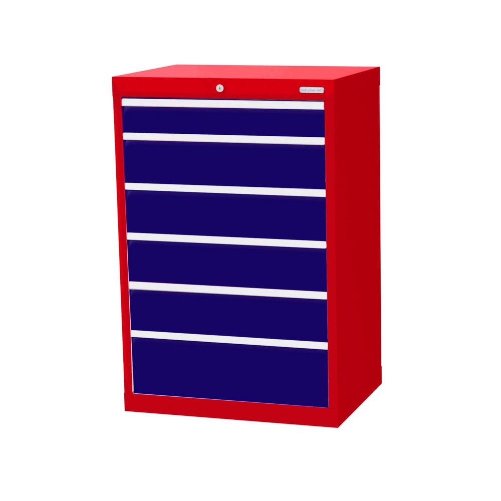 Obrázek produktu: Skříň se zásuvkami Bedrunka+Hirth Profi, zásuvky 1x100 + 4x150 + 1x200 mm, VxŠxH 1019 x 680 x 500 mm, dopravní červená, enziánová modrá