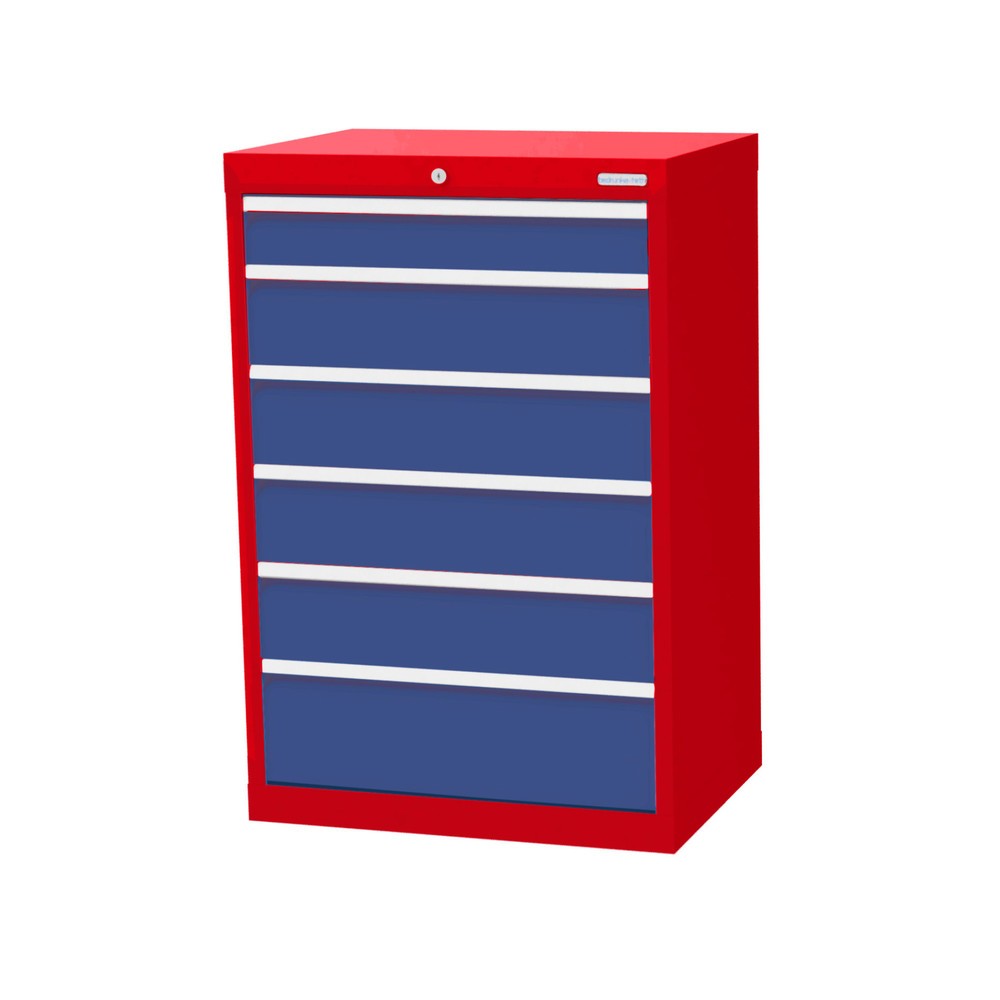 Obrázek produktu: Skříň se zásuvkami Bedrunka+Hirth Profi, zásuvky 1x100 + 4x150 + 1x200 mm, VxŠxH 1019 x 680 x 500 mm, dopravní červená, světle modrá
