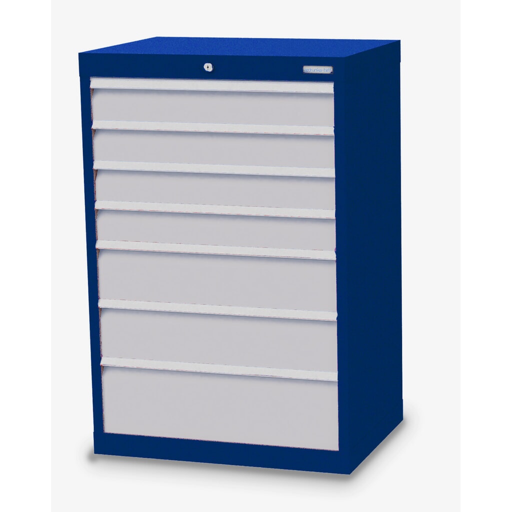 Obrázek produktu: Skříň se zásuvkami Bedrunka+Hirth Profi, zásuvky 4x100 + 2x150 + 1x200 mm, VxŠxH 1019 x 680 x 500 mm, enziánová modrá, světle šedá