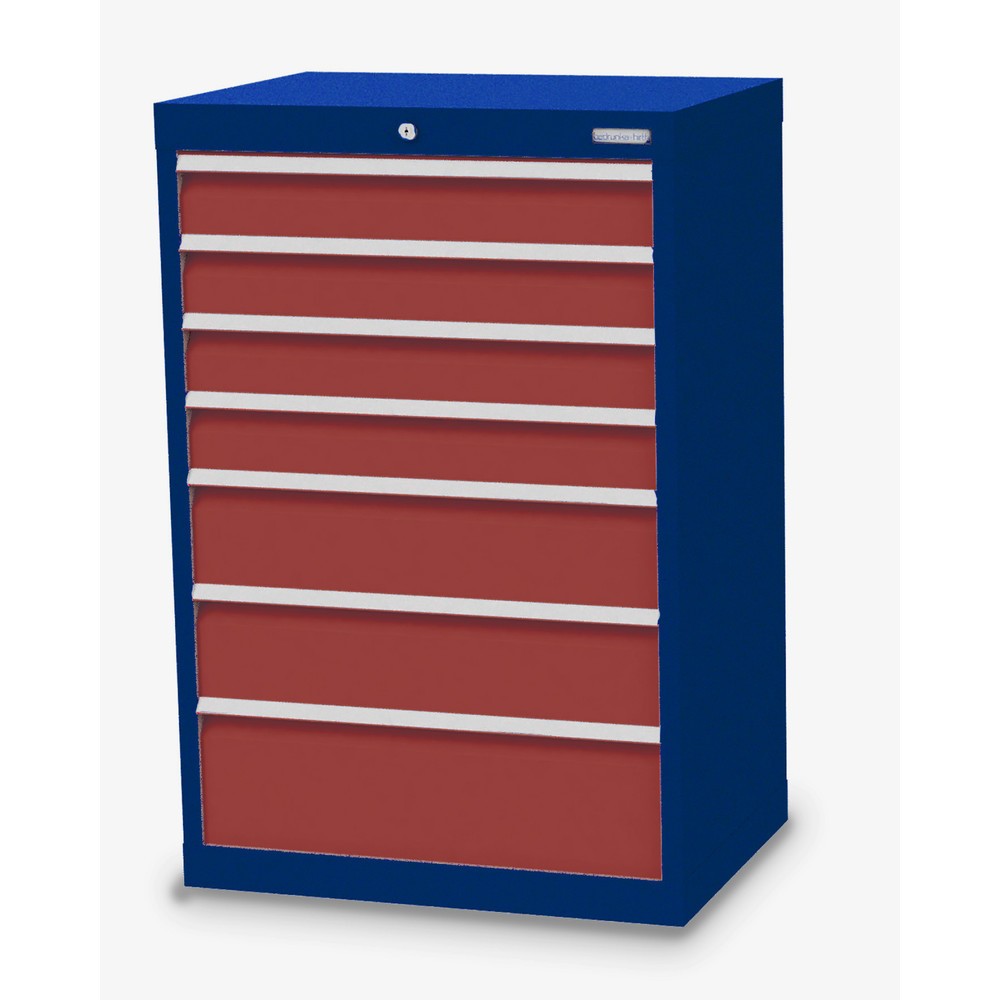 Obrázek produktu: Skříň se zásuvkami Bedrunka+Hirth Profi, zásuvky 4x100 + 2x150 + 1x200 mm, VxŠxH 1019 x 680 x 500 mm, enziánová modrá, dopravní červená