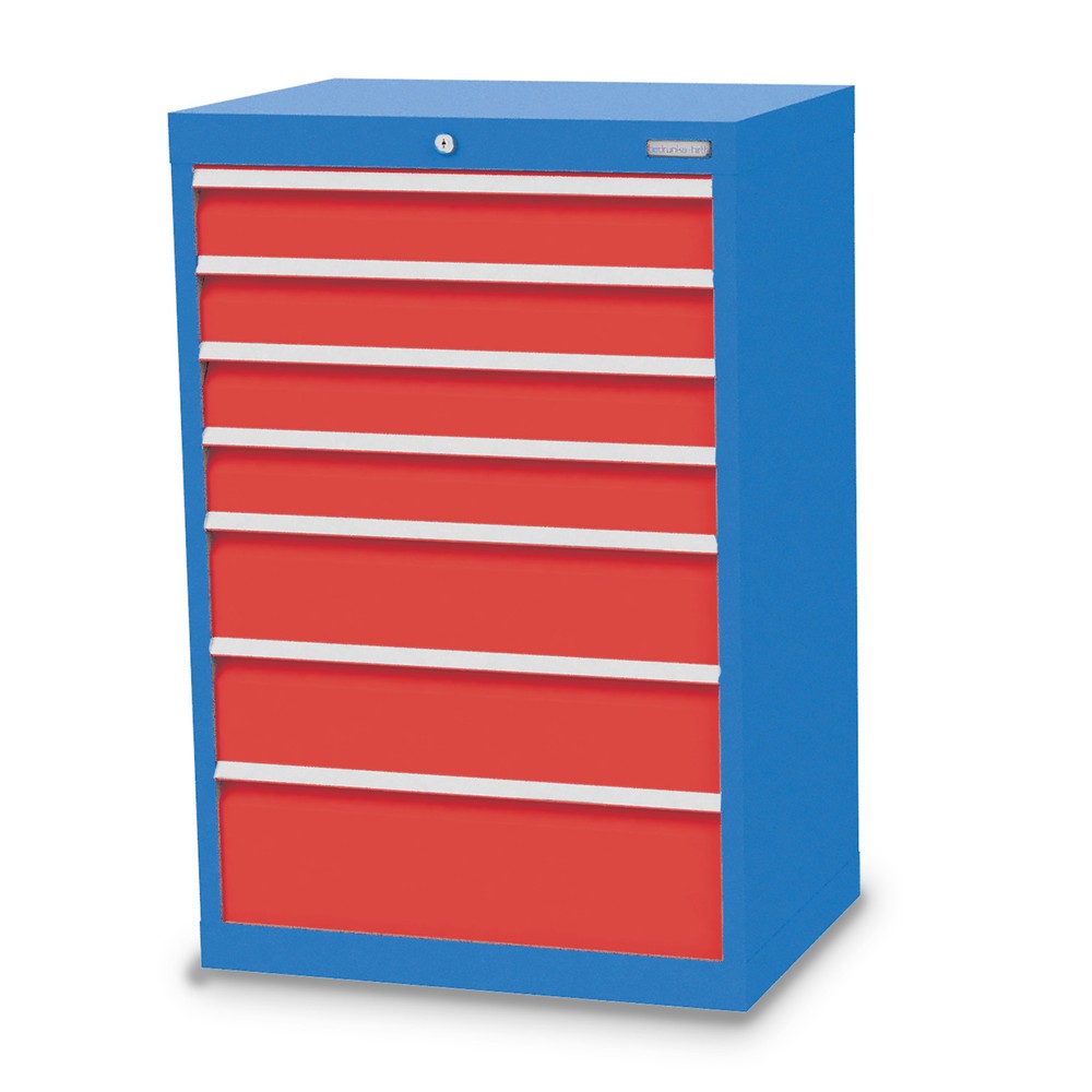 Obrázek produktu: Skříň se zásuvkami Bedrunka+Hirth Profi, zásuvky 4x100 + 2x150 + 1x200 mm, VxŠxH 1019 x 680 x 500 mm, světle modrá, dopravní červená