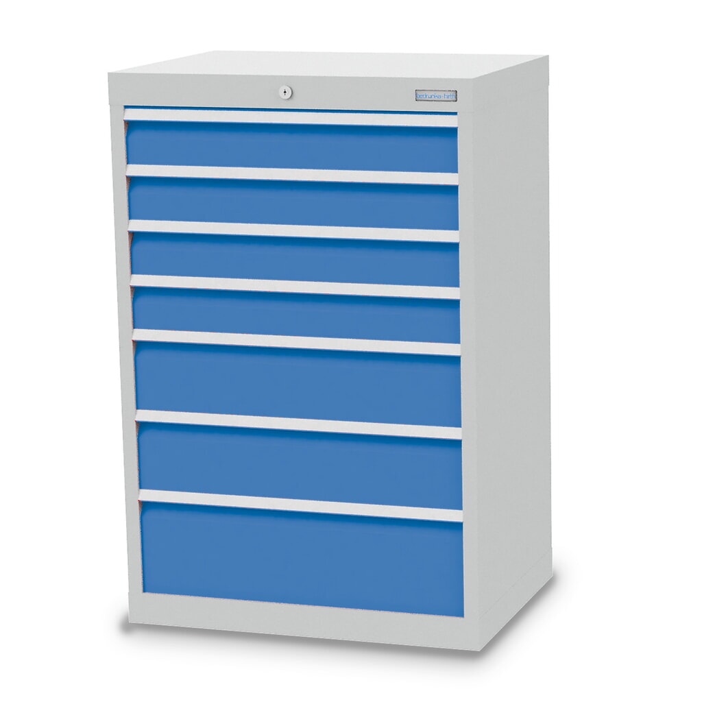 Obrázek produktu: Skříň se zásuvkami Bedrunka+Hirth Profi, zásuvky 4x100 + 2x150 + 1x200 mm, VxŠxH 1019 x 680 x 500 mm, světle šedá, světle modrá