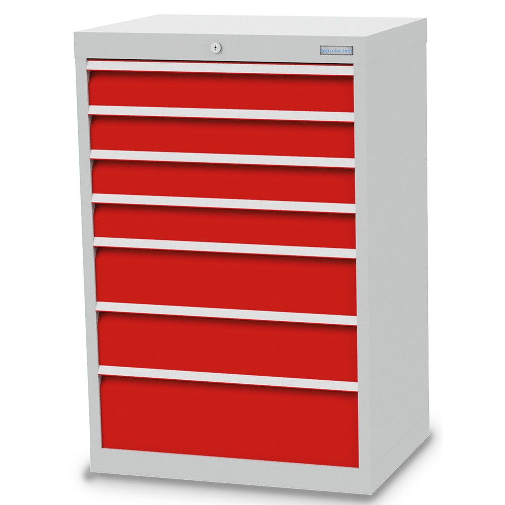 Obrázek produktu: Skříň se zásuvkami Bedrunka+Hirth Profi, zásuvky 4x100 + 2x150 + 1x200 mm, VxŠxH 1019 x 680 x 500 mm, světle šedá, dopravní červená