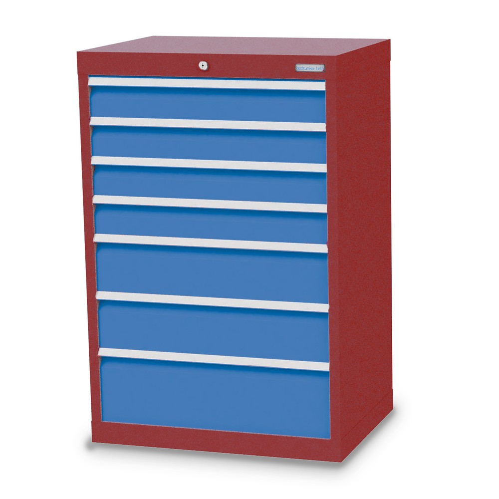Obrázek produktu: Skříň se zásuvkami Bedrunka+Hirth Profi, zásuvky 4x100 + 2x150 + 1x200 mm, VxŠxH 1019 x 680 x 500 mm, rubínová, světle modrá