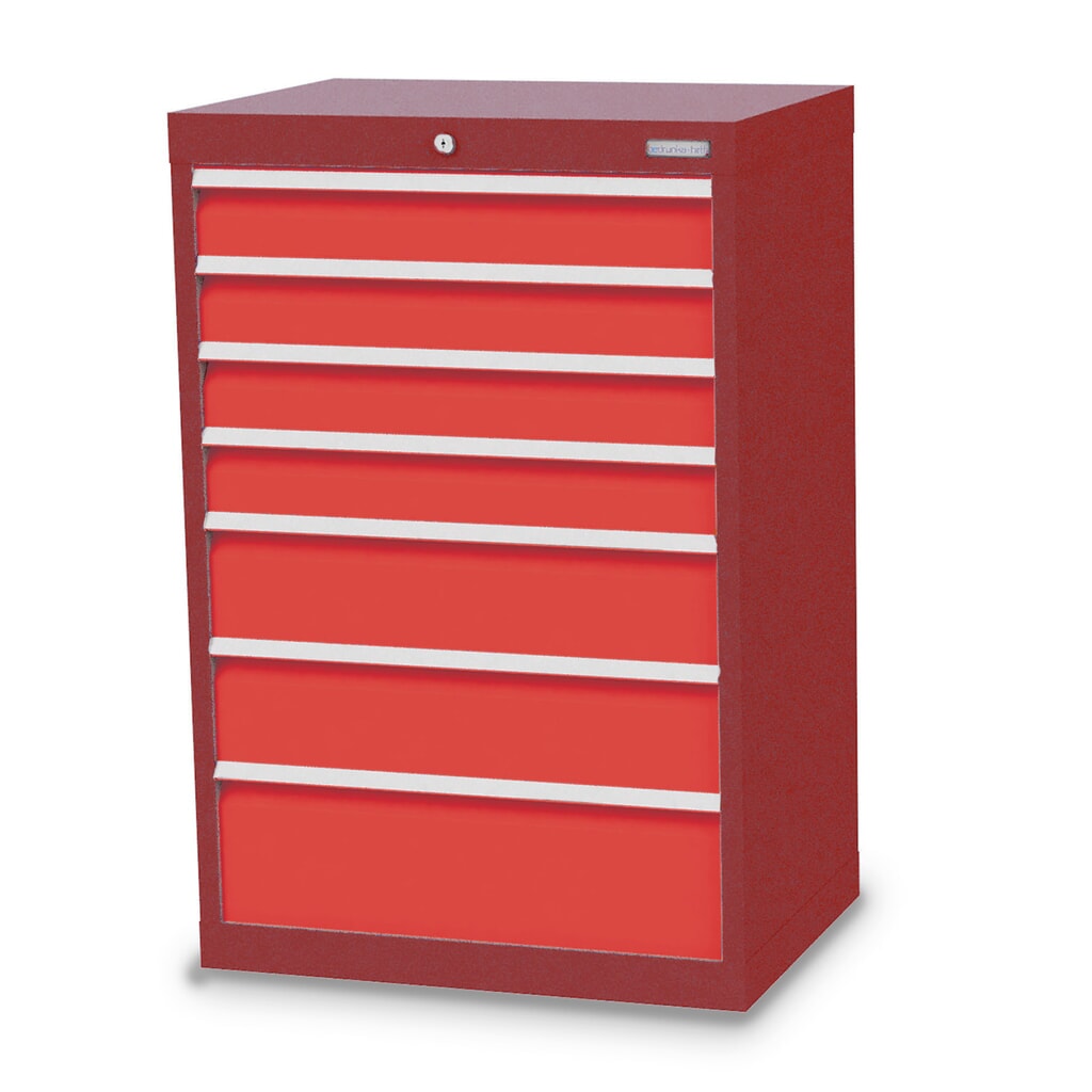Obrázek produktu: Skříň se zásuvkami Bedrunka+Hirth Profi, zásuvky 4x100 + 2x150 + 1x200 mm, VxŠxH 1019 x 680 x 500 mm, rubínová, dopravní červená